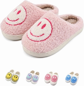 FUUPNN Smile Face Slippers for Girls & Boys, Retro Cute Soft Plush Indoor/Outdoor Shoes, Fuzzy House Lightweight Slippers with Memory Foam Warmth, Non-Slip, White, Unisex-Kids, Children