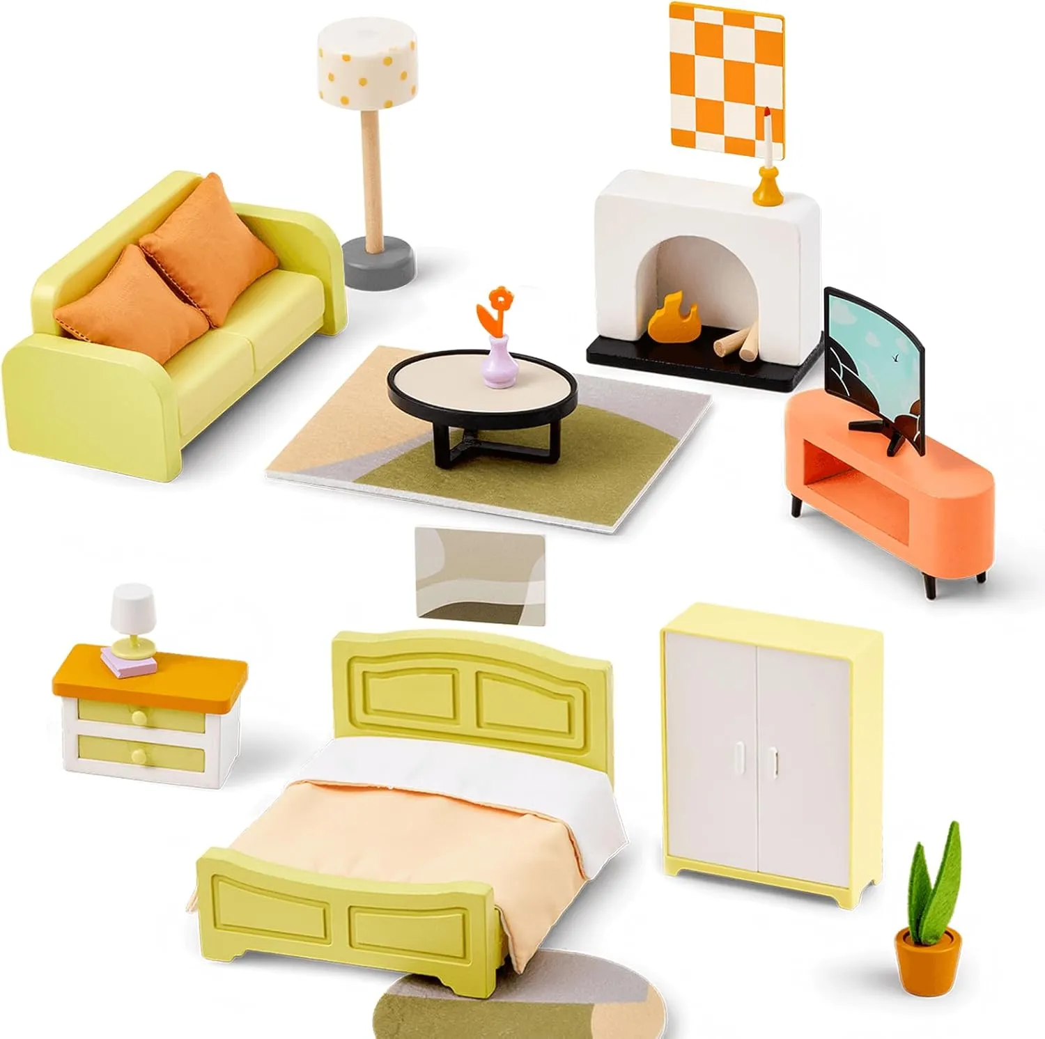 Giant bean 27pcs Green Wooden Plastic Dollhouse Furniture, Modern Living Room Bedroom Set, Dollhouse Accessories Pretend Play Furniture Toys for Boys Girls Kids & Toddlers 3 