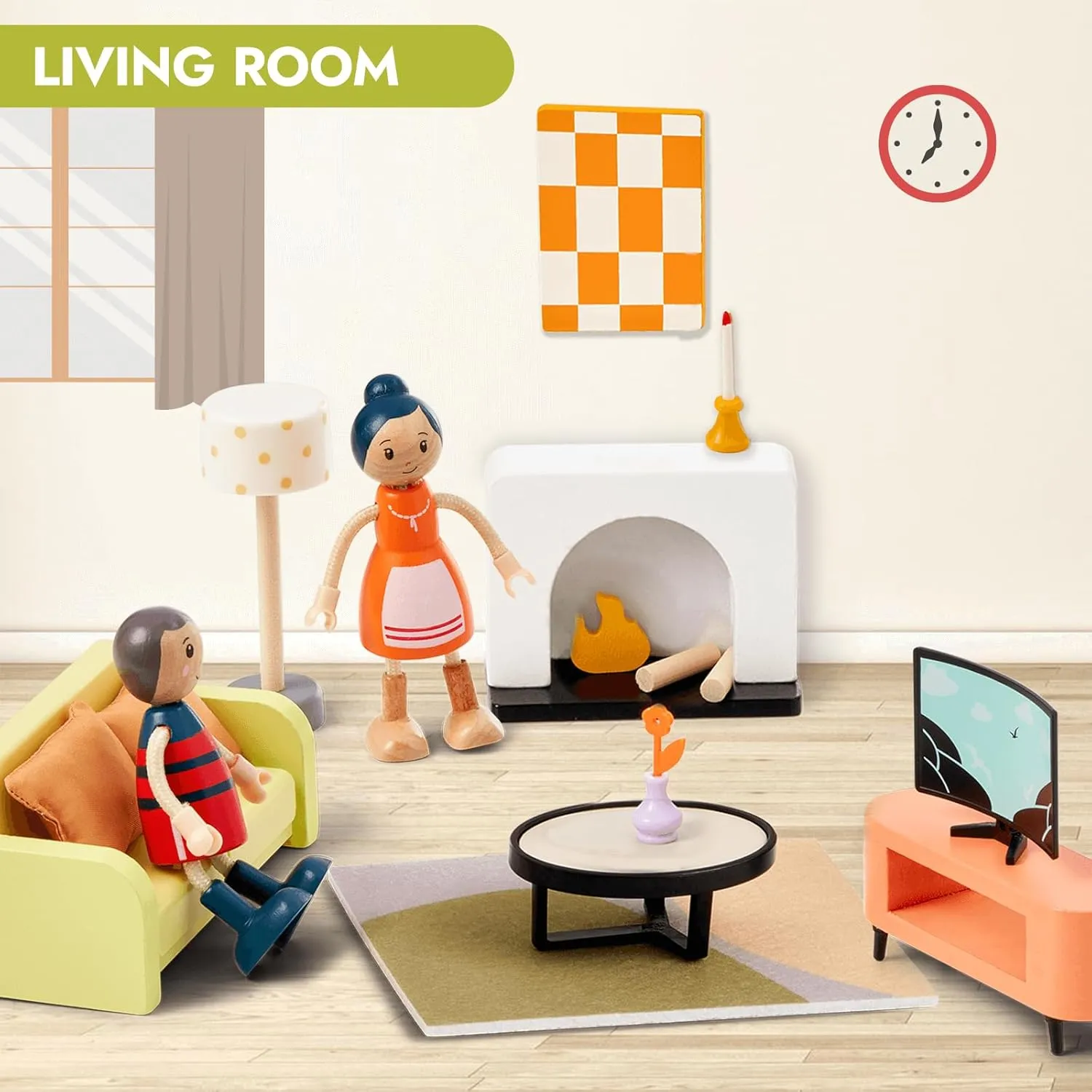 Giant bean 27pcs Green Wooden Plastic Dollhouse Furniture, Modern Living Room Bedroom Set, Dollhouse Accessories Pretend Play Furniture Toys for Boys Girls Kids & Toddlers 3 