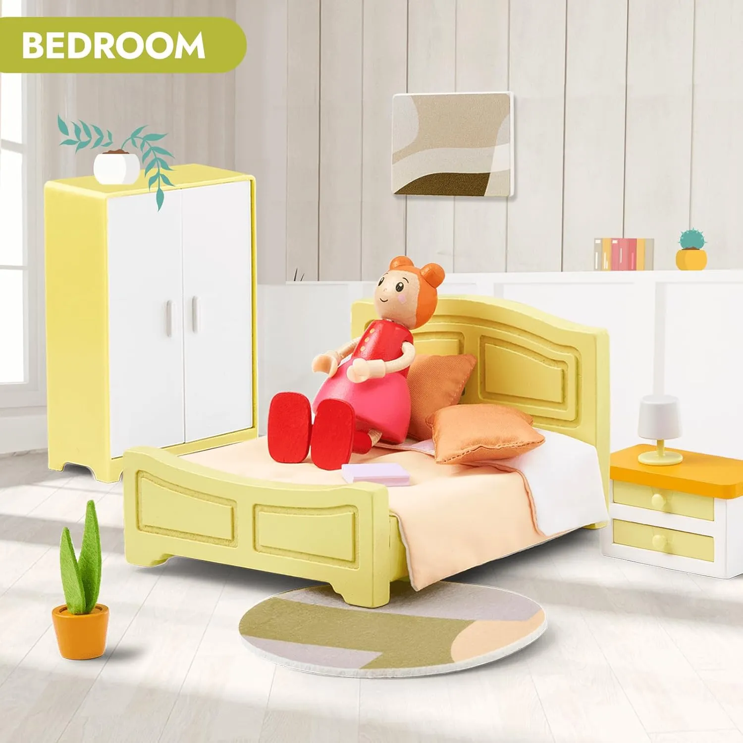 Giant bean 27pcs Green Wooden Plastic Dollhouse Furniture, Modern Living Room Bedroom Set, Dollhouse Accessories Pretend Play Furniture Toys for Boys Girls Kids & Toddlers 3 