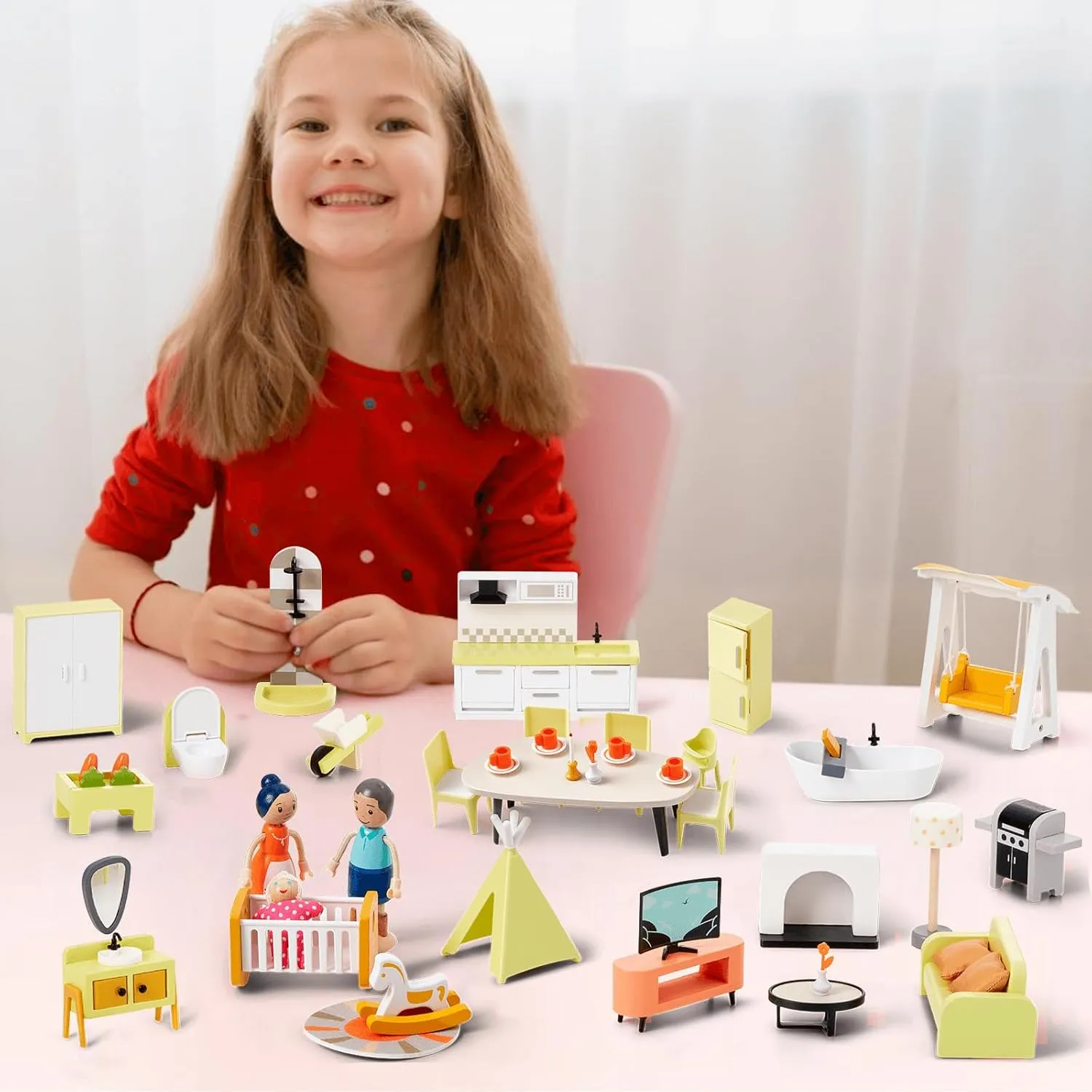 Giant bean 27pcs Green Wooden Plastic Dollhouse Furniture, Modern Living Room Bedroom Set, Dollhouse Accessories Pretend Play Furniture Toys for Boys Girls Kids & Toddlers 3 