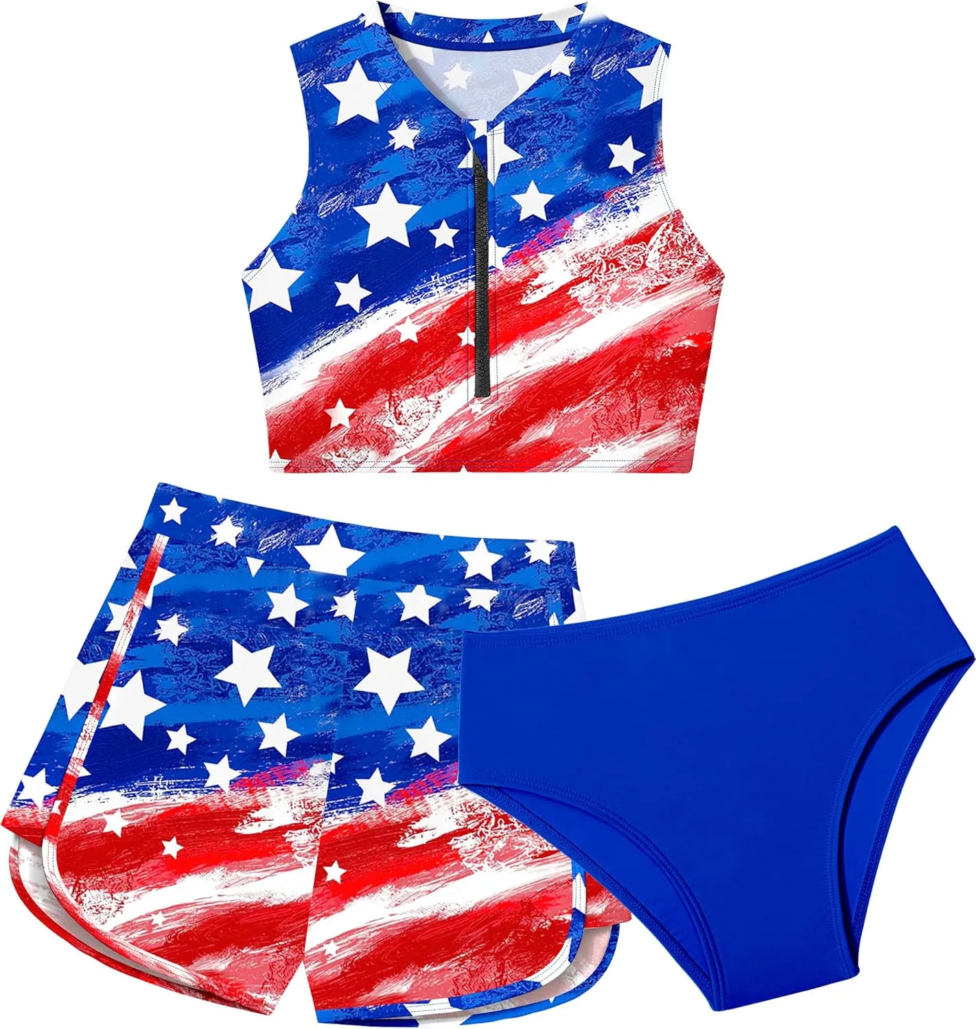 Girls Swimsuit 3 Piece Color Block Zipper Front Bathing Suit Bikini Set with Shorts Sporty Girls' Swimwear 7-16 Years