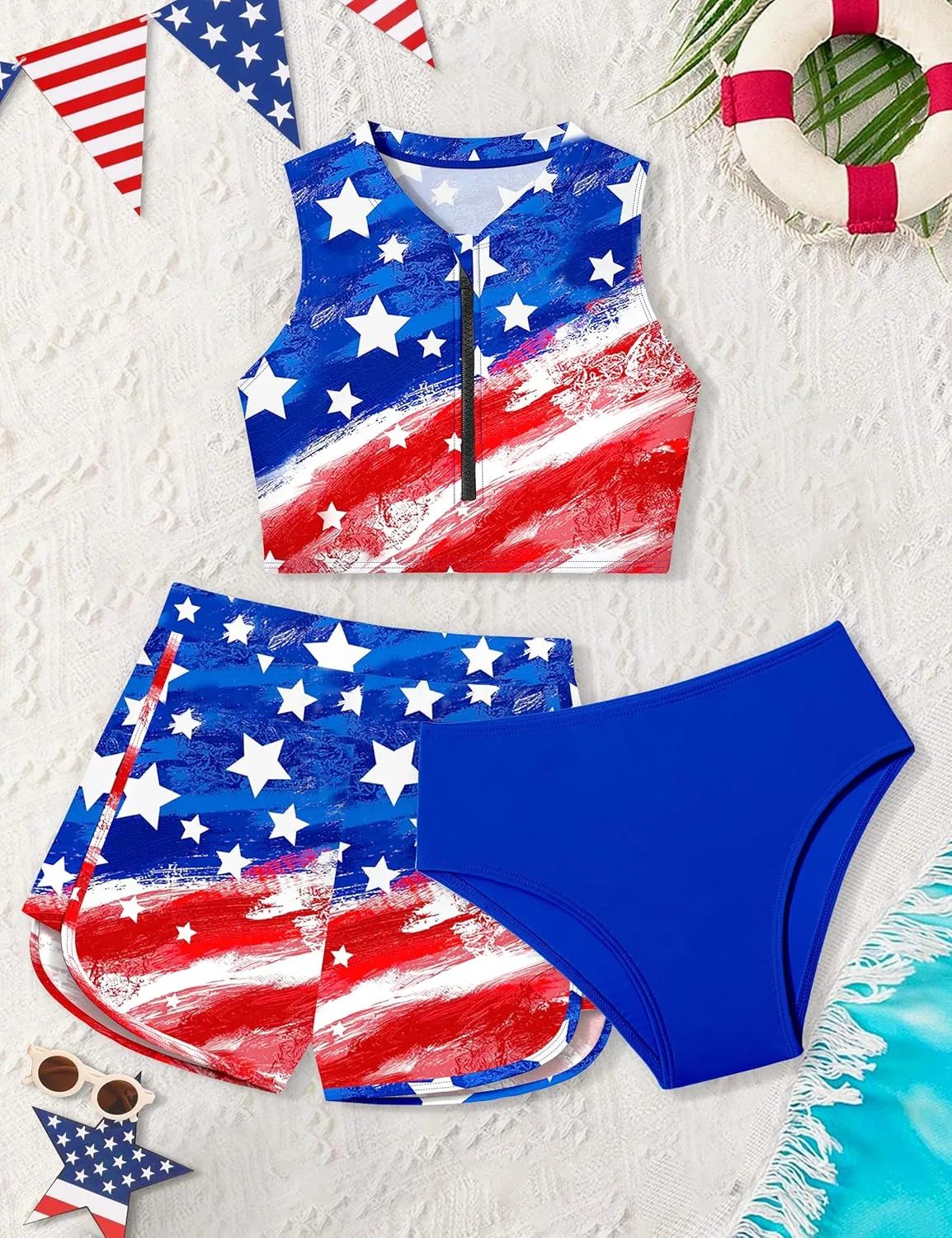 Girls Swimsuit 3 Piece Color Block Zipper Front Bathing Suit Bikini Set with Shorts Sporty Girls' Swimwear 7-16 Years