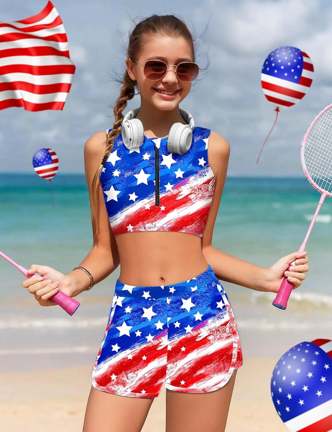 Girls Swimsuit 3 Piece Color Block Zipper Front Bathing Suit Bikini Set with Shorts Sporty Girls' Swimwear 7-16 Years