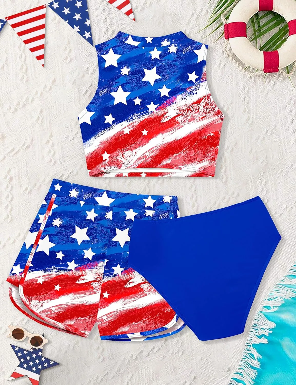 Girls Swimsuit 3 Piece Color Block Zipper Front Bathing Suit Bikini Set with Shorts Sporty Girls' Swimwear 7-16 Years