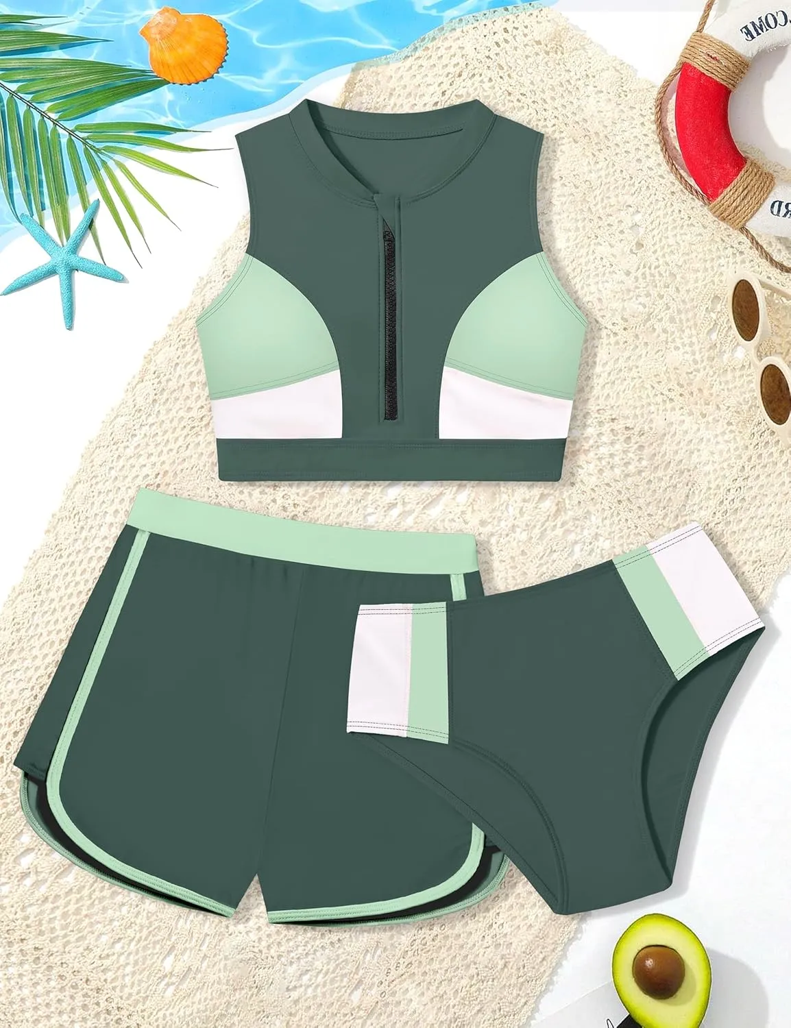 Girls Swimsuit 3 Piece Color Block Zipper Front Bathing Suit Bikini Set with Shorts Sporty Girls' Swimwear 7-16 Years