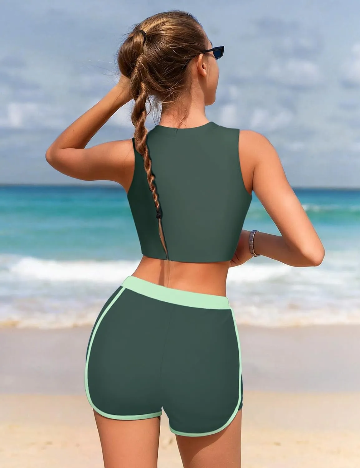 Girls Swimsuit 3 Piece Color Block Zipper Front Bathing Suit Bikini Set with Shorts Sporty Girls' Swimwear 7-16 Years