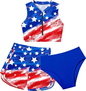 Girls Swimsuit 3 Piece Color Block Zipper Front Bathing Suit Bikini Set with Shorts Sporty Girls' Swimwear 7-16 Years