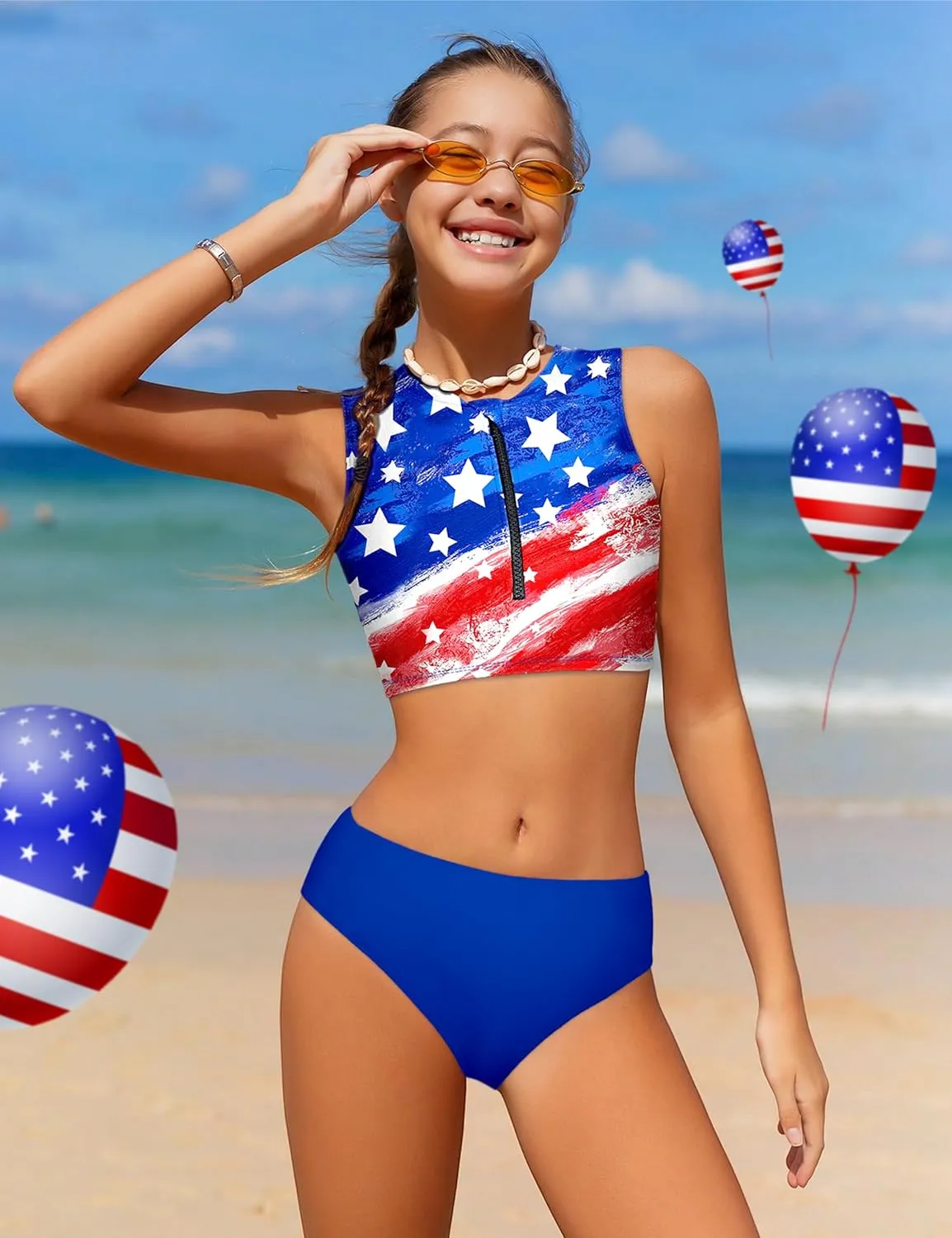 Girls Swimsuit 3 Piece Color Block Zipper Front Bathing Suit Bikini Set with Shorts Sporty Girls' Swimwear 7-16 Years
