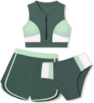 Girls Swimsuit 3 Piece Color Block Zipper Front Bathing Suit Bikini Set with Shorts Sporty Girls' Swimwear 7-16 Years