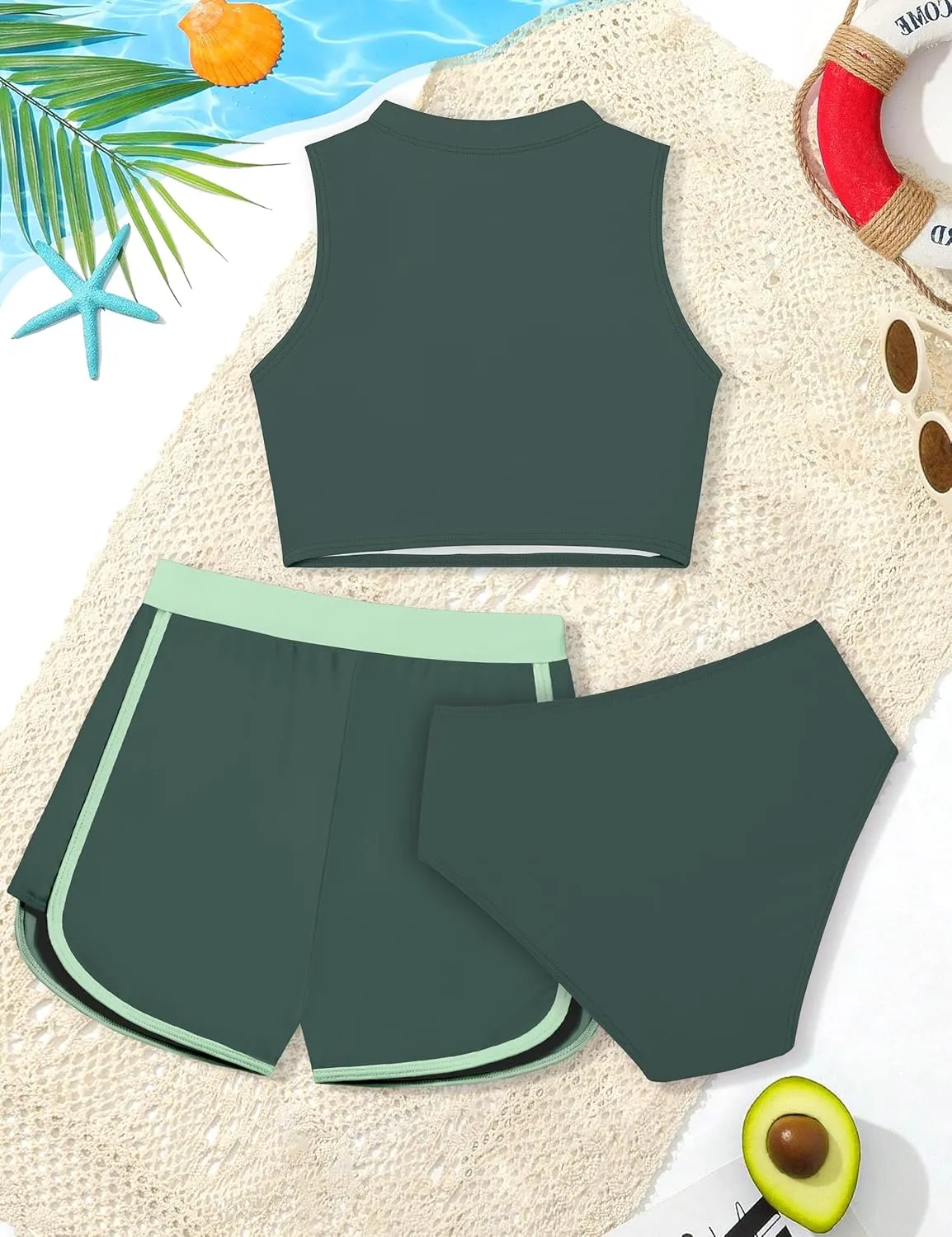 Girls Swimsuit 3 Piece Color Block Zipper Front Bathing Suit Bikini Set with Shorts Sporty Girls' Swimwear 7-16 Years