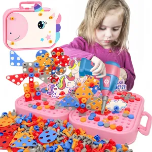 Girls Unicorn Drill Toys Age 4-8, Girls Stem Toy 351pc Electric Drill with Toolbox, Grils Tool Set Creative Toys 3D Engineering Building Kits, Brithdaty for 4 5 6 7 8 Years Old Girl