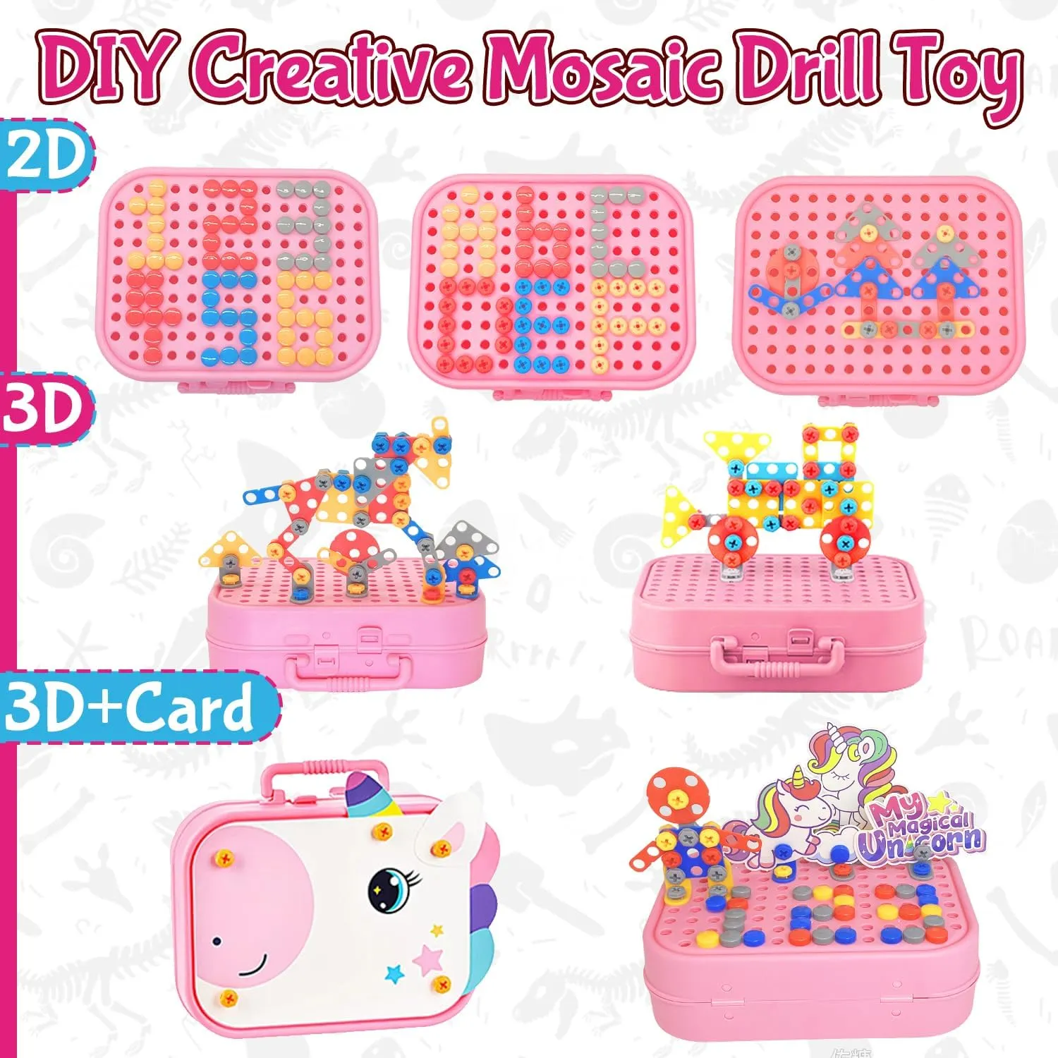 Girls Unicorn Drill Toys Age 4-8, Girls Stem Toy 351pc Electric Drill with Toolbox, Grils Tool Set Creative Toys 3D Engineering Building Kits, Brithdaty for 4 5 6 7 8 Years Old Girl