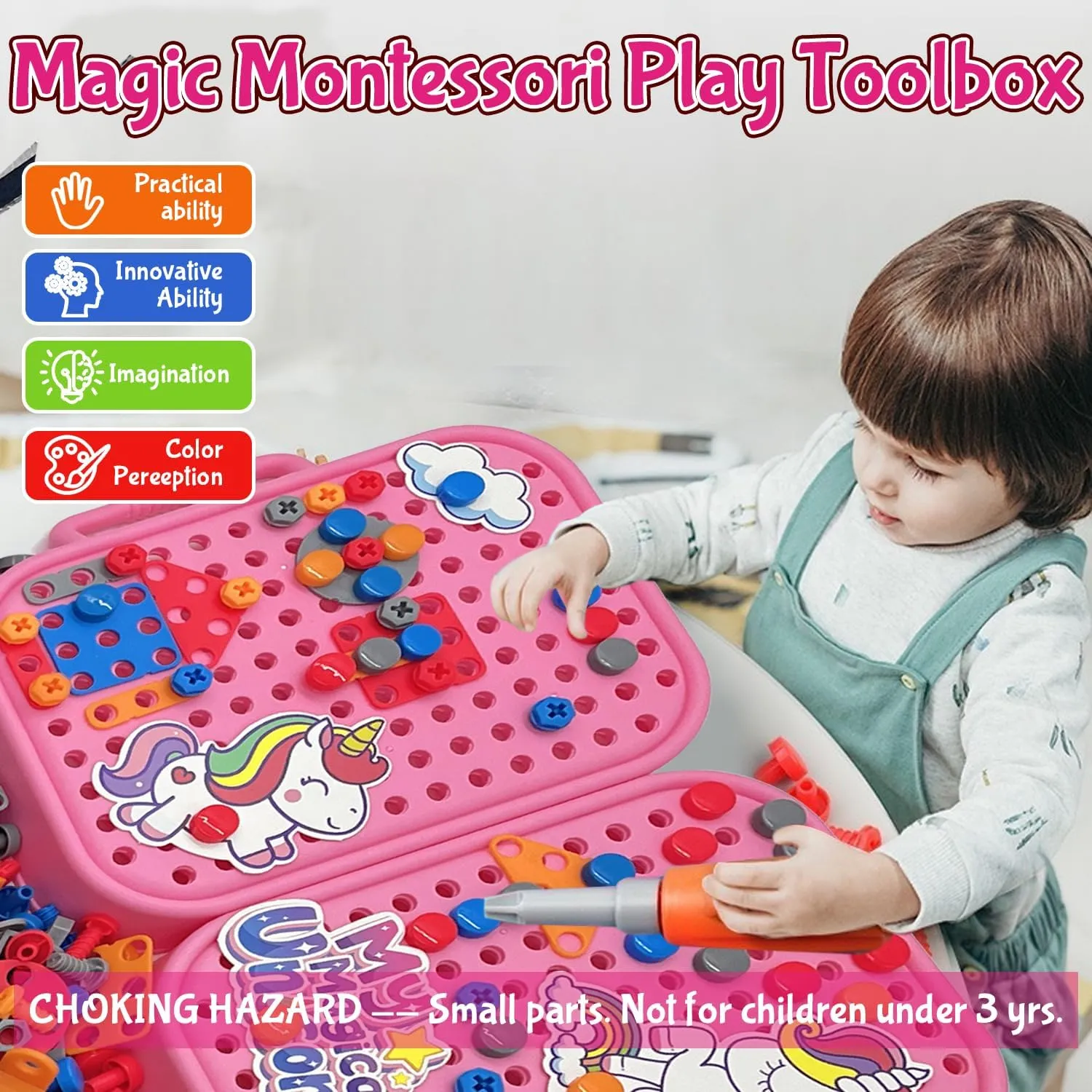 Girls Unicorn Drill Toys Age 4-8, Girls Stem Toy 351pc Electric Drill with Toolbox, Grils Tool Set Creative Toys 3D Engineering Building Kits, Brithdaty for 4 5 6 7 8 Years Old Girl