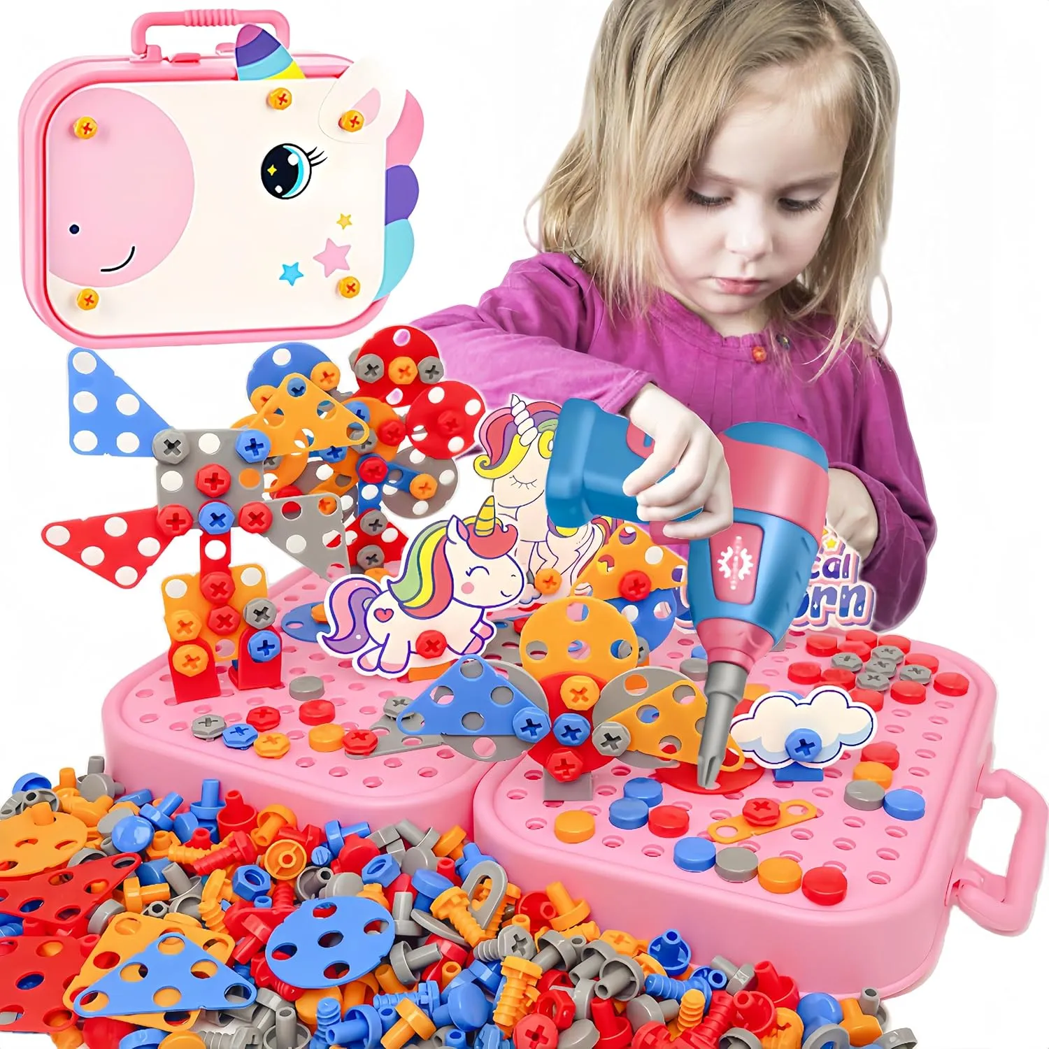 Girls Unicorn Drill Toys Age 4-8, Girls Stem Toy 351pc Electric Drill with Toolbox, Grils Tool Set Creative Toys 3D Engineering Building Kits, Brithdaty for 4 5 6 7 8 Years Old Girl