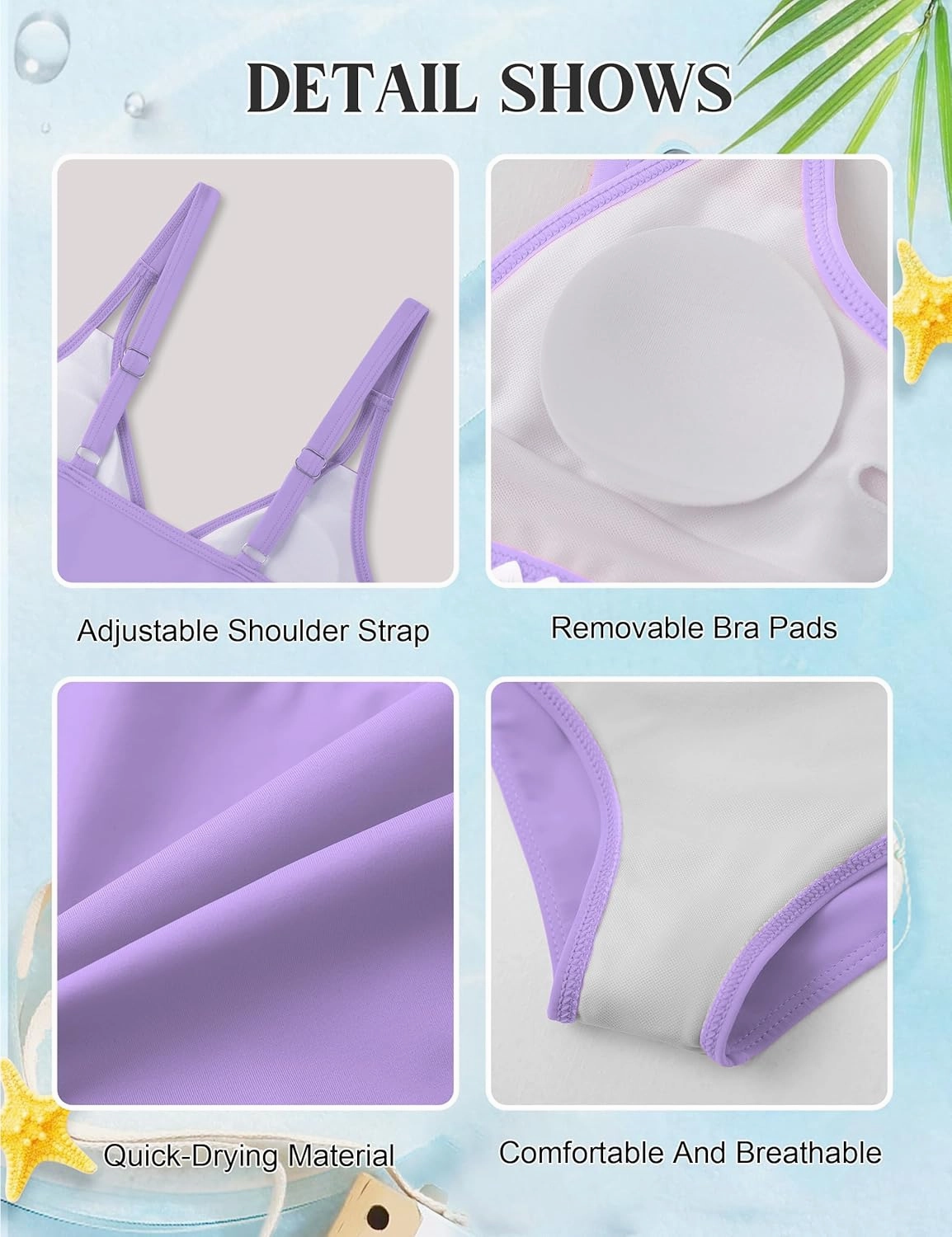 Girls Swimsuits V-Neck Double Strap Design Cute Girls Bikini Swim Two Piece Sets with Chest Pad