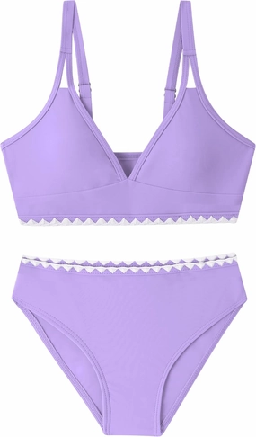 Girls Swimsuits V-Neck Double Strap Design Cute Girls Bikini Swim Two Piece Sets with Chest Pad