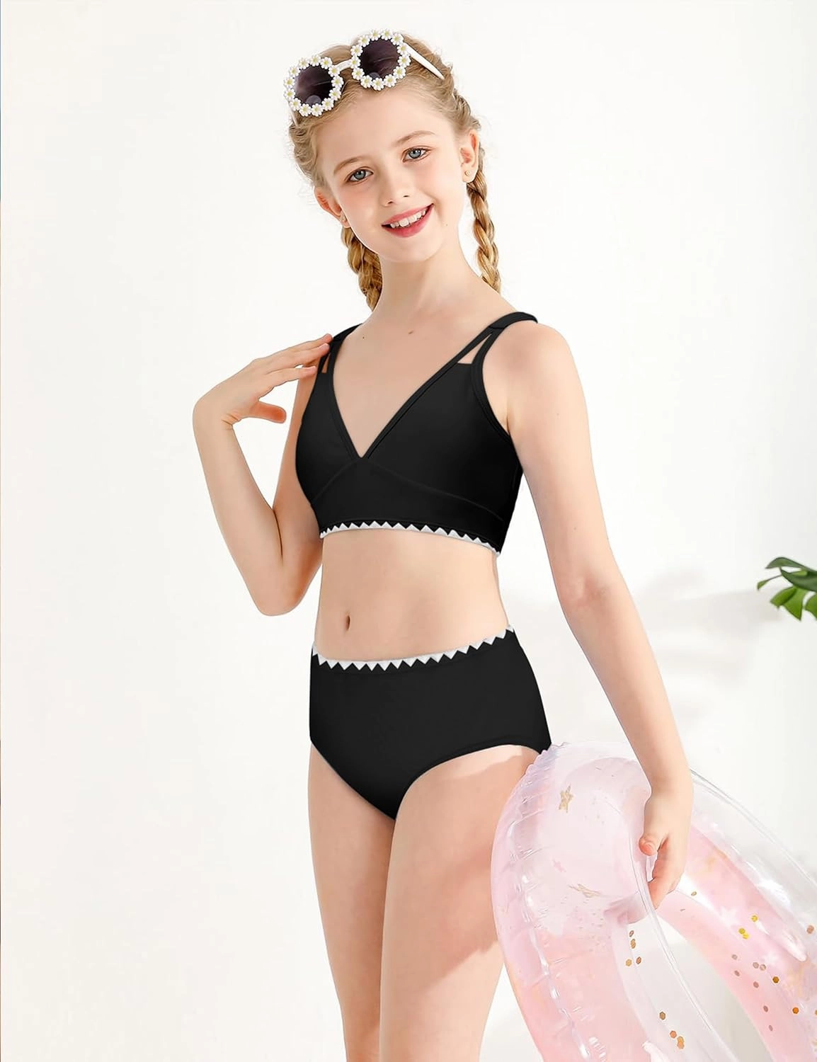 Girls Swimsuits V-Neck Double Strap Design Cute Girls Bikini Swim Two Piece Sets with Chest Pad