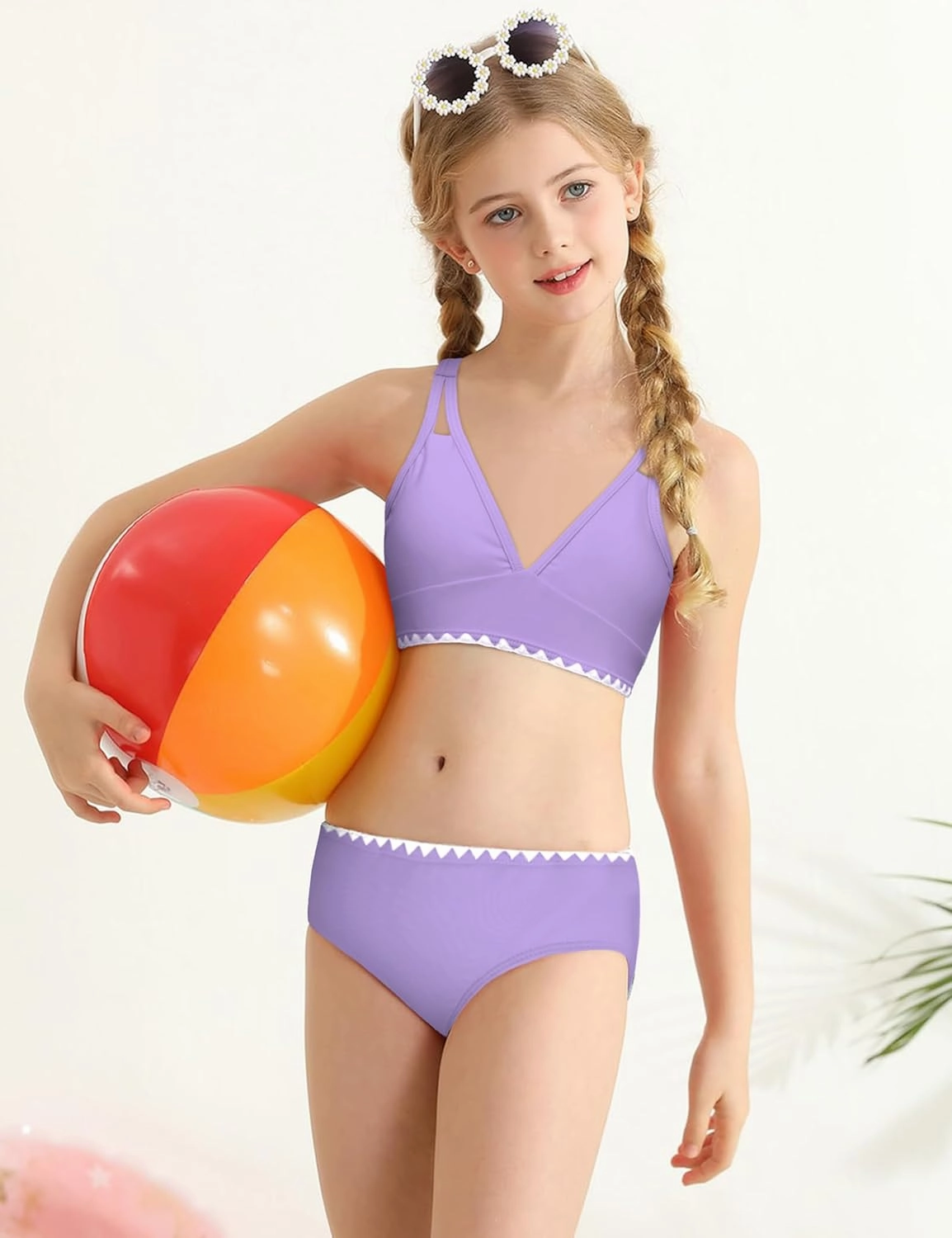 Girls Swimsuits V-Neck Double Strap Design Cute Girls Bikini Swim Two Piece Sets with Chest Pad