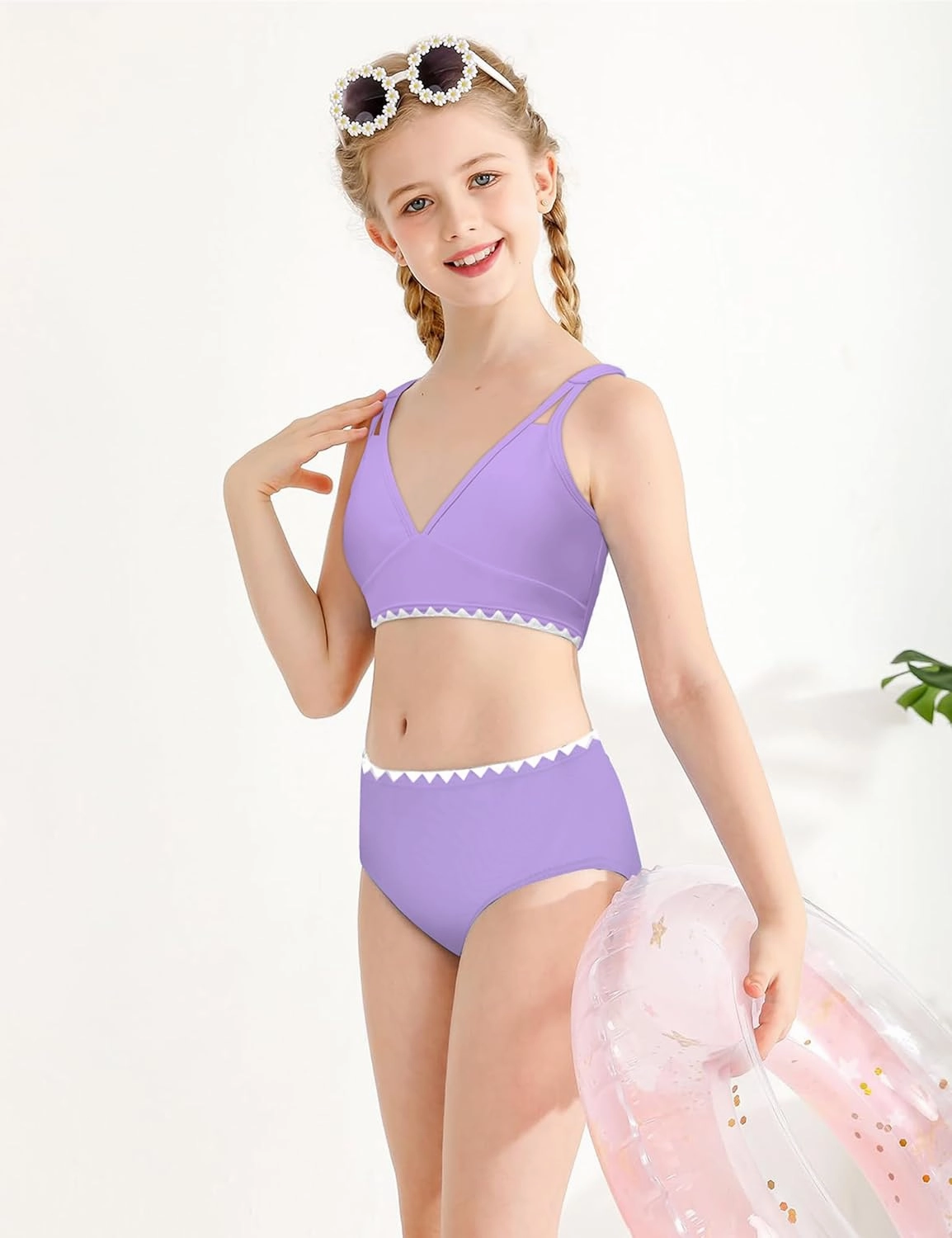 Girls Swimsuits V-Neck Double Strap Design Cute Girls Bikini Swim Two Piece Sets with Chest Pad