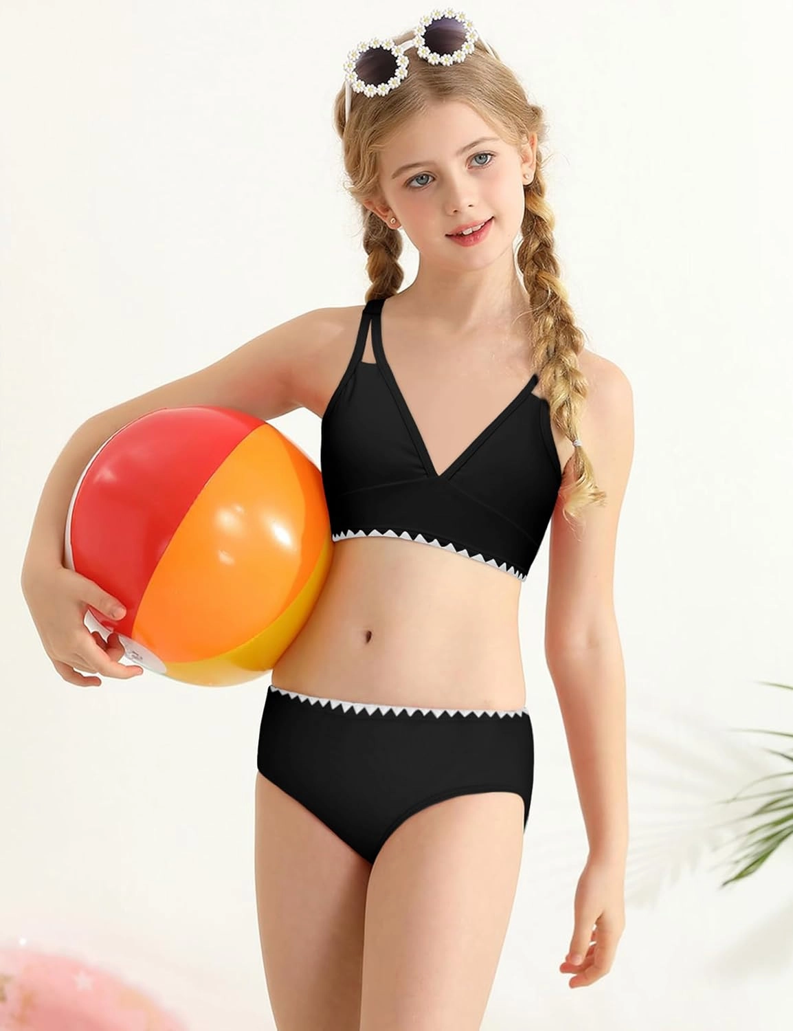 Girls Swimsuits V-Neck Double Strap Design Cute Girls Bikini Swim Two Piece Sets with Chest Pad