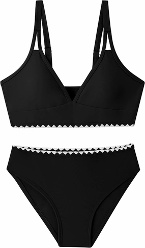 Girls Swimsuits V-Neck Double Strap Design Cute Girls Bikini Swim Two Piece Sets with Chest Pad