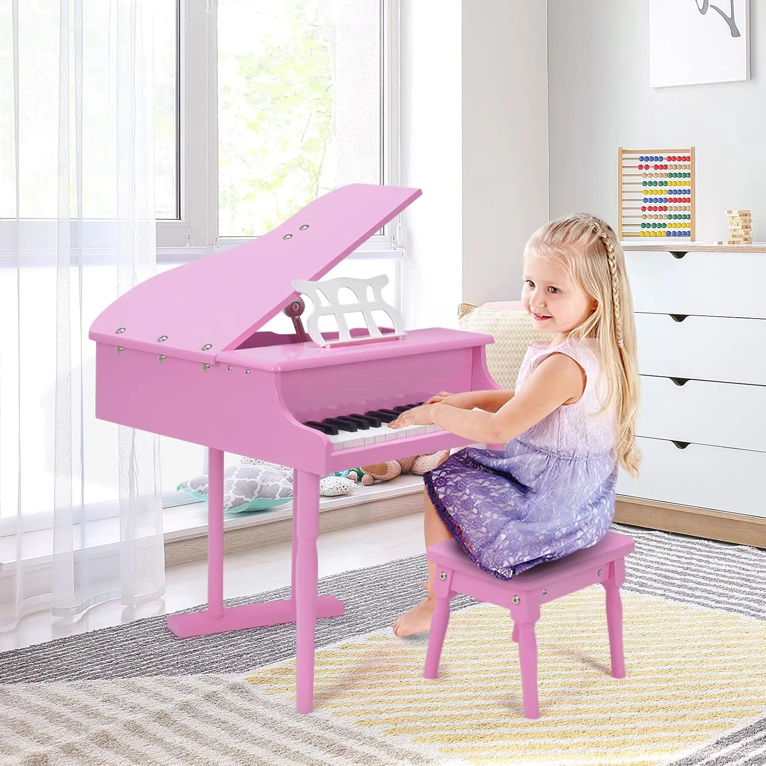 GLACER Classical Kids Piano, 30 Keys Wood Toy Grand Piano w/Bench Music Stand Full-Size Keys, Charming Tones & Sounds, Musical Instrument Educational Toy for Girls and Boys (3 Straight Leg-Pink)