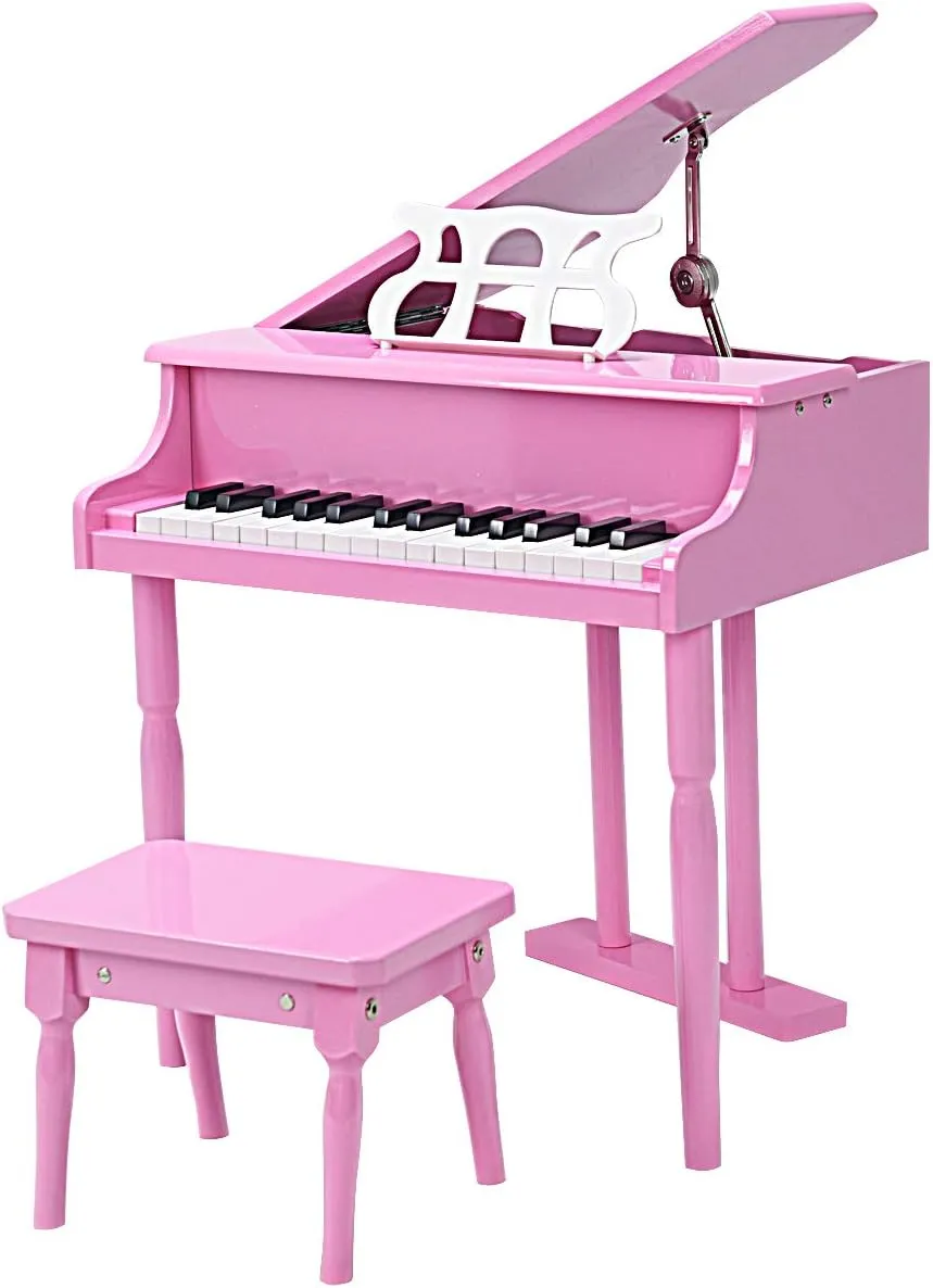 GLACER Classical Kids Piano, 30 Keys Wood Toy Grand Piano w/Bench Music Stand Full-Size Keys, Charming Tones & Sounds, Musical Instrument Educational Toy for Girls and Boys (3 Straight Leg-Pink)