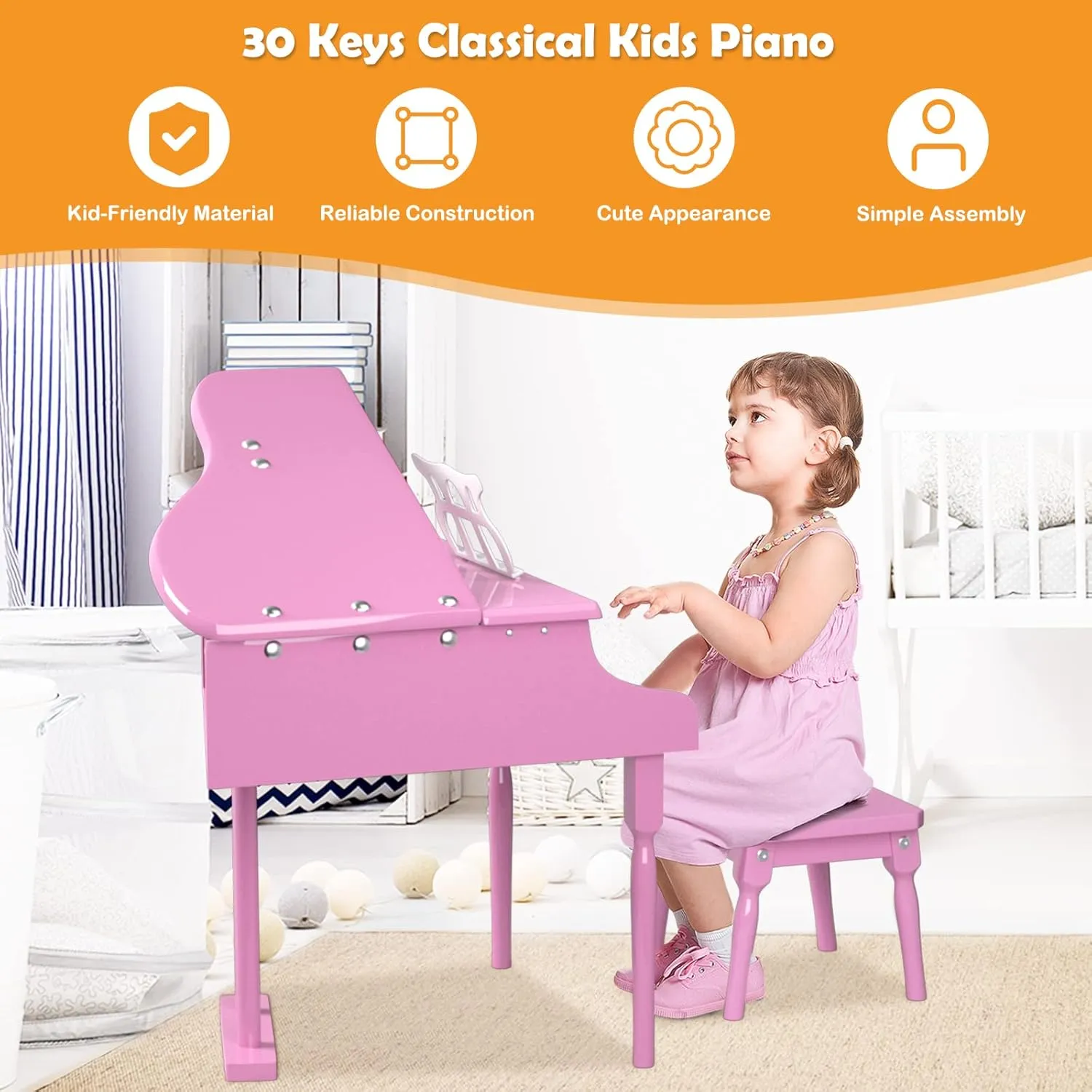 GLACER Classical Kids Piano, 30 Keys Wood Toy Grand Piano w/Bench Music Stand Full-Size Keys, Charming Tones & Sounds, Musical Instrument Educational Toy for Girls and Boys (3 Straight Leg-Pink)