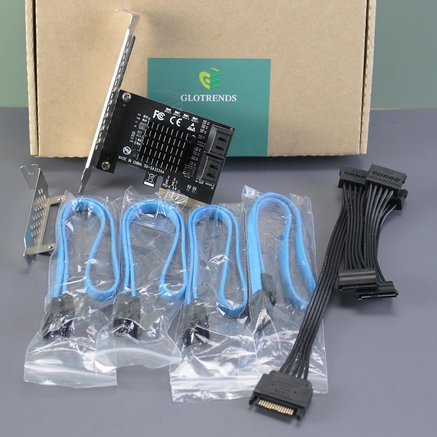 GLOTRENDS SA3234-C 4-Port PCIe X4 SATA Expansion Card with SATA and Power Cables, Compatible with Windows,Linux,Mac OS,NAS