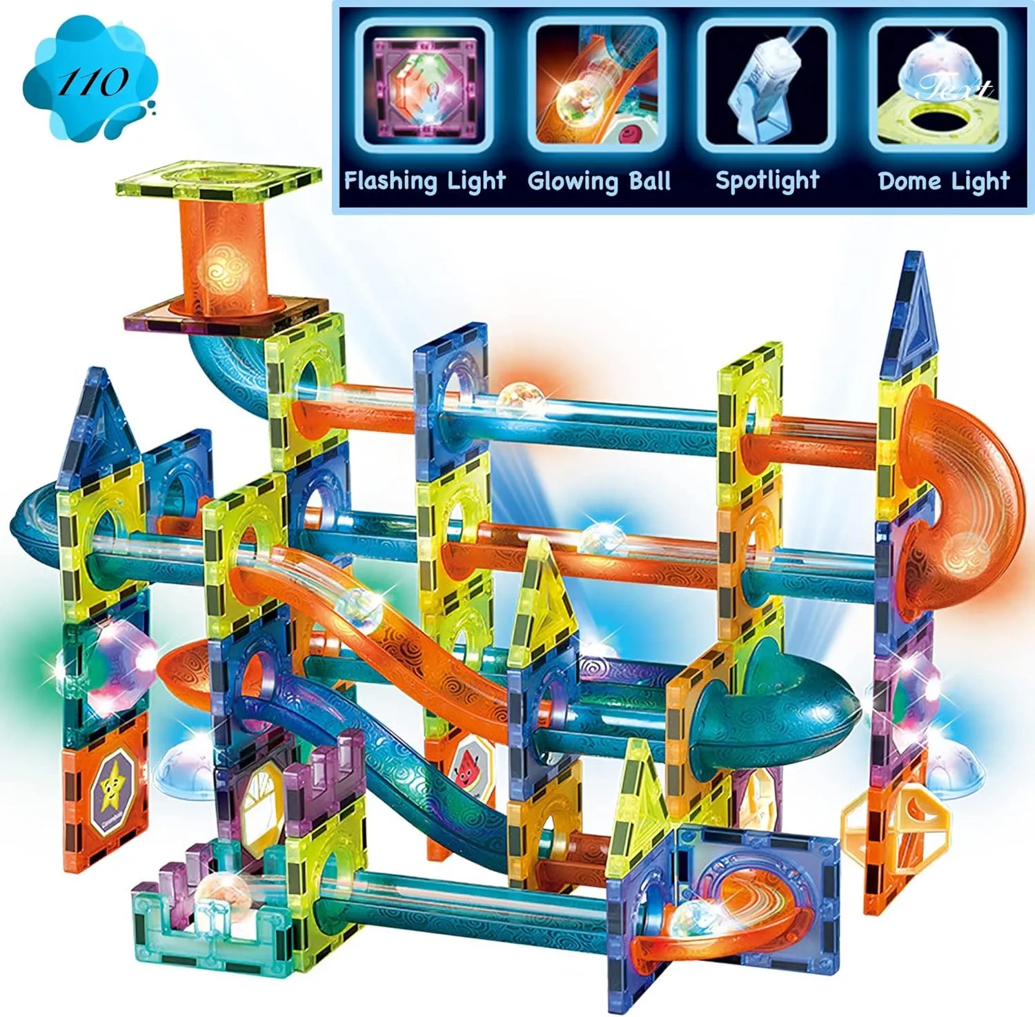 Glowing Magnetic Tiles Marble Run Race Track Super Set - 110 Complete Pieces Glow in The Dark STEM Light Magnetic Building Blocks Gravity Marble Maze Games for Toddlers Kids Boys Girls Ages 3  Years