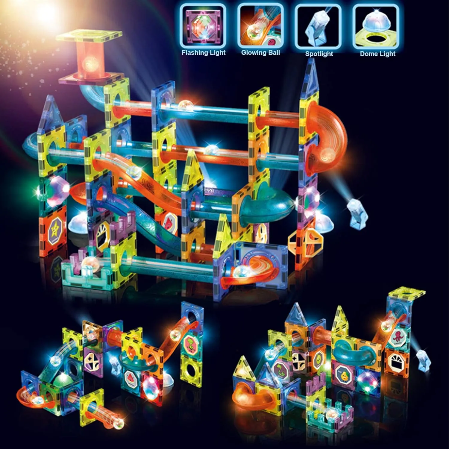 Glowing Magnetic Tiles Marble Run Race Track Super Set - 110 Complete Pieces Glow in The Dark STEM Light Magnetic Building Blocks Gravity Marble Maze Games for Toddlers Kids Boys Girls Ages 3  Years