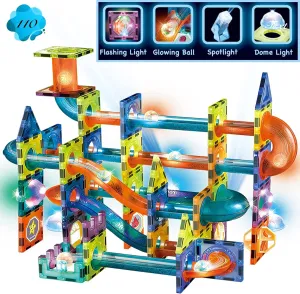 Glowing Magnetic Tiles Marble Run Race Track Super Set - 110 Complete Pieces Glow in The Dark STEM Light Magnetic Building Blocks Gravity Marble Maze Games for Toddlers Kids Boys Girls Ages 3  Years