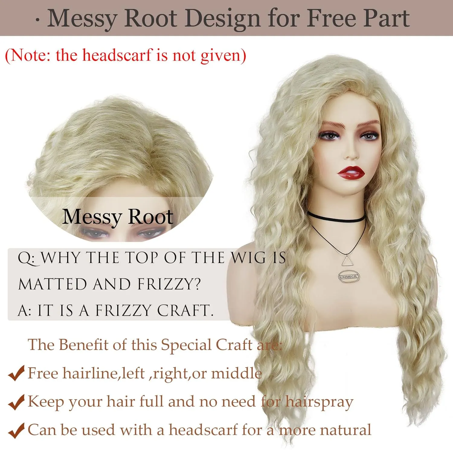 GNIMEGIL Women's Long Blonde Curly Wavy Fluffy Wig Soft Natural Looking Synthetic Hair Wig Thick Body Wave Hair for Daily Party Cosplay Halloween Costume (Lightest Blonde)