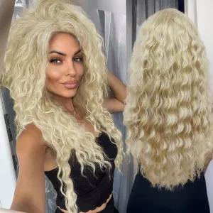 GNIMEGIL Women's Long Blonde Curly Wavy Fluffy Wig Soft Natural Looking Synthetic Hair Wig Thick Body Wave Hair for Daily Party Cosplay Halloween Costume (Lightest Blonde)