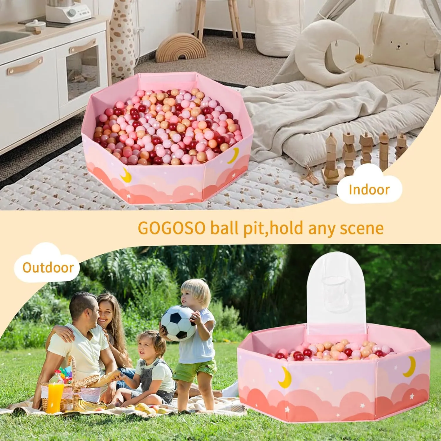 GOGOSO Foldable Ball Pit for Toddlers Large Soft Indoor Outdoor Pop Up Baby Kids Infant Ballpit Big Collapsible Puppy Dog Cat Pits with Basketball Hoop (Balls Not Included), Cloud
