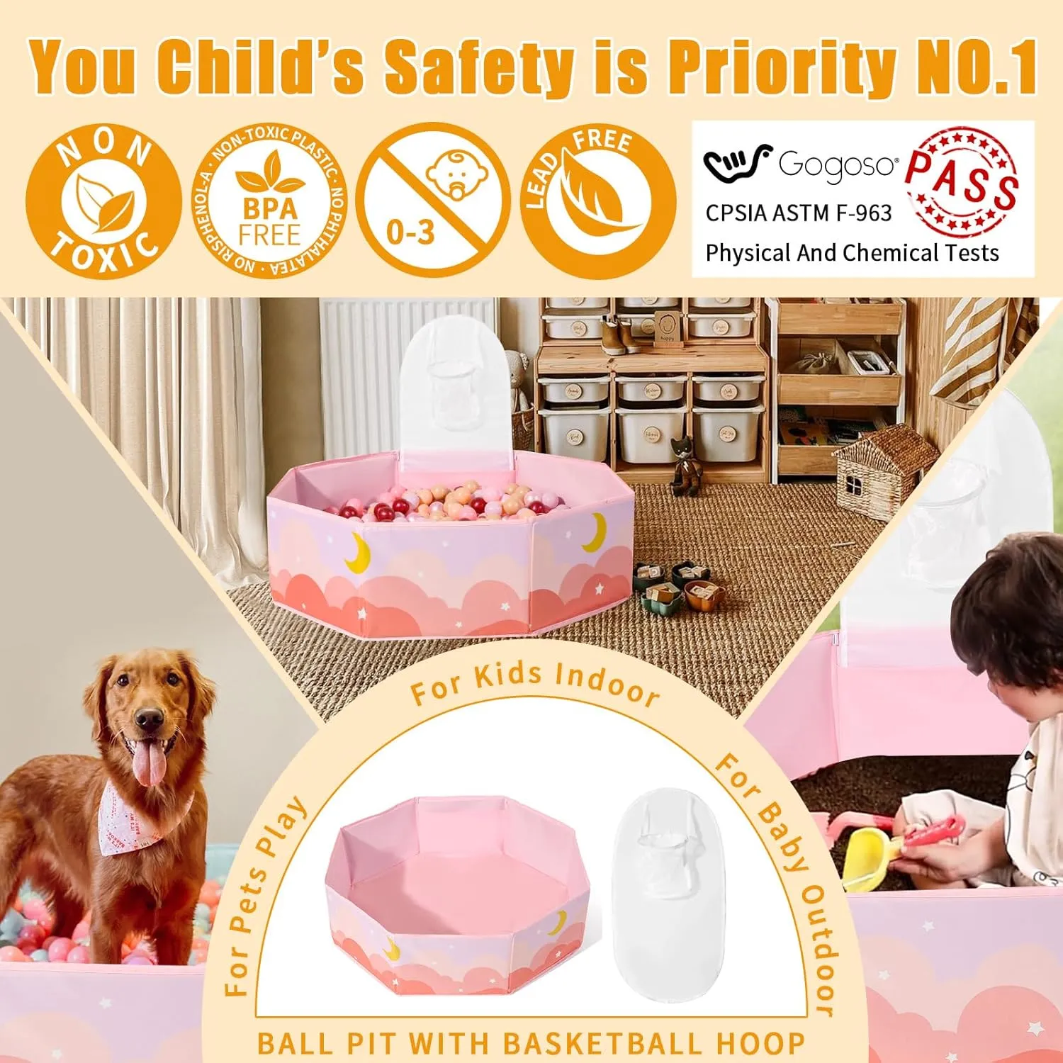 GOGOSO Foldable Ball Pit for Toddlers Large Soft Indoor Outdoor Pop Up Baby Kids Infant Ballpit Big Collapsible Puppy Dog Cat Pits with Basketball Hoop (Balls Not Included), Cloud