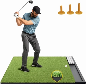 Golf Hitting Mat with Built-in Ball Tray – Indoor Outdoor Golf Practice Mat for Backyard Garage, Durable Turf Golf Mat with EVA Base, 3 Rubber Tees, Golf Accessories for Training