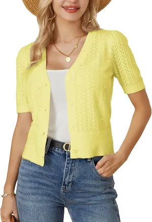GRACE KARIN Cropped Cardigan Sweaters for Women Short Sleeve Crochet Knit Bolero Shrug V-Neck Button up Tops