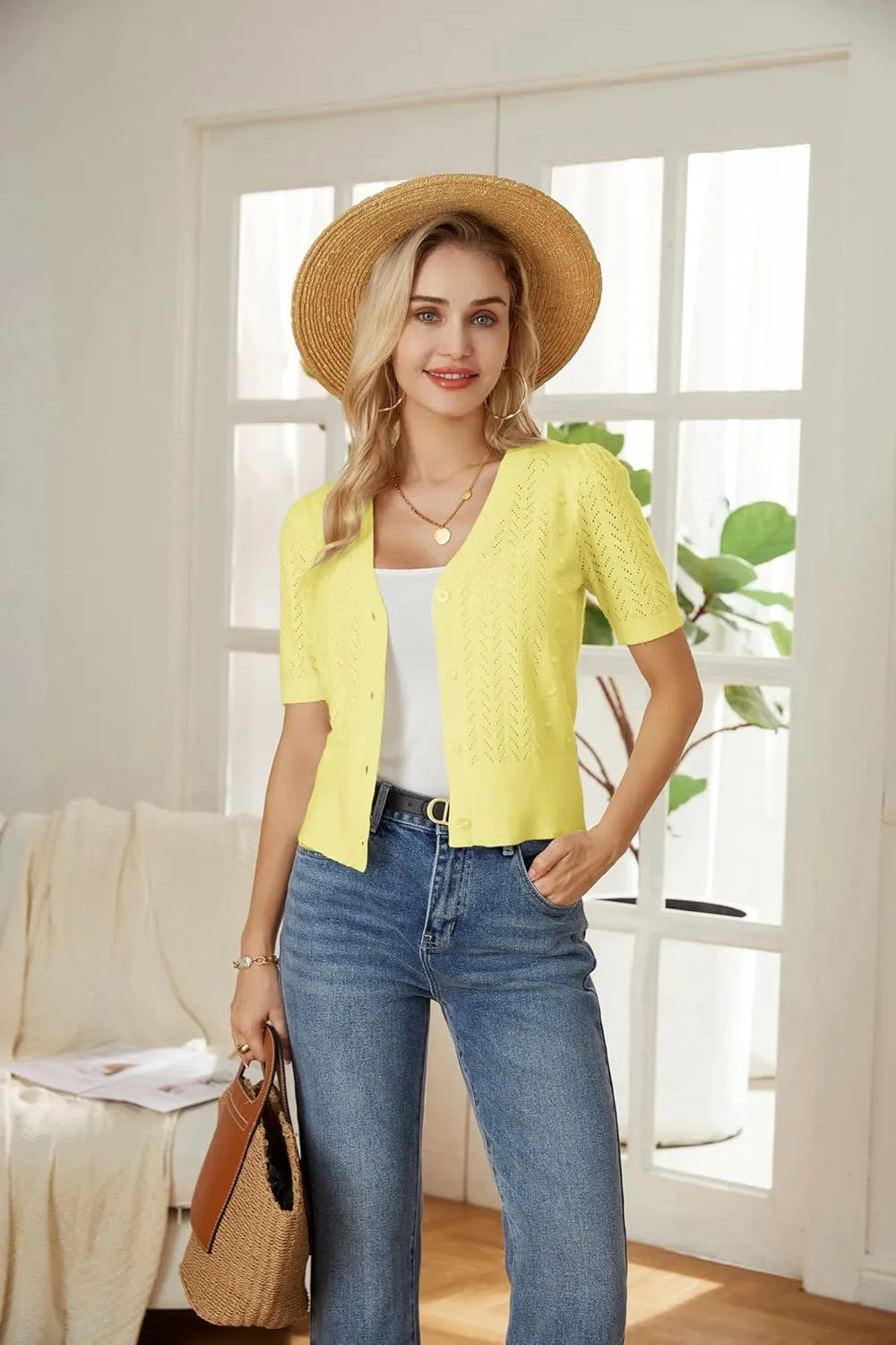 GRACE KARIN Cropped Cardigan Sweaters for Women Short Sleeve Crochet Knit Bolero Shrug V-Neck Button up Tops
