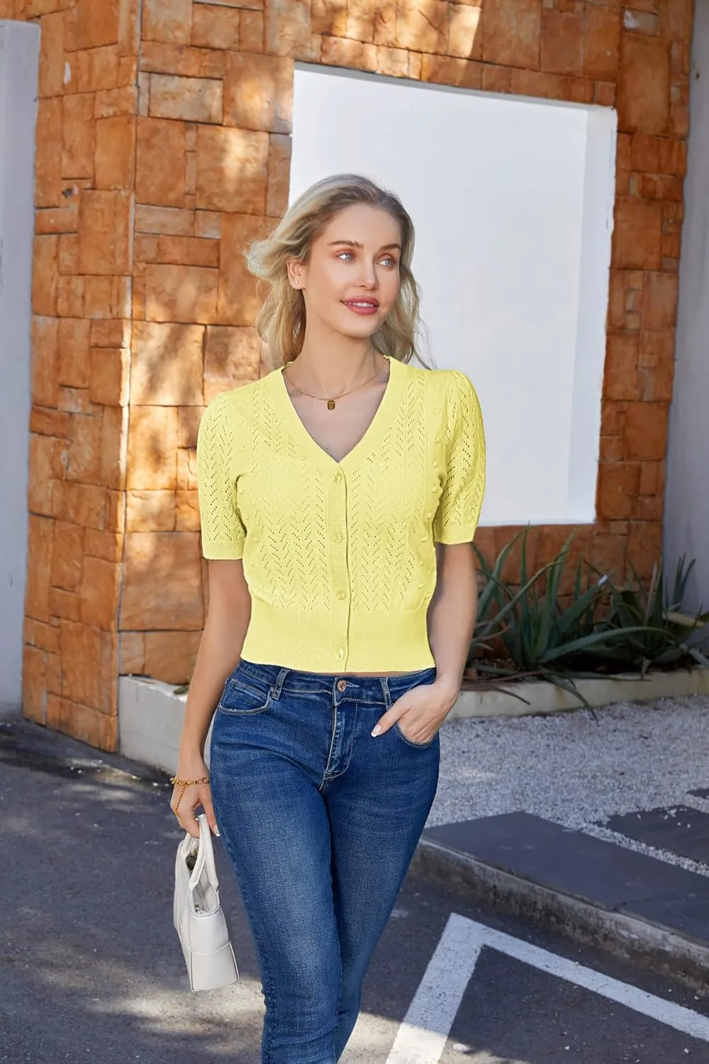 GRACE KARIN Cropped Cardigan Sweaters for Women Short Sleeve Crochet Knit Bolero Shrug V-Neck Button up Tops
