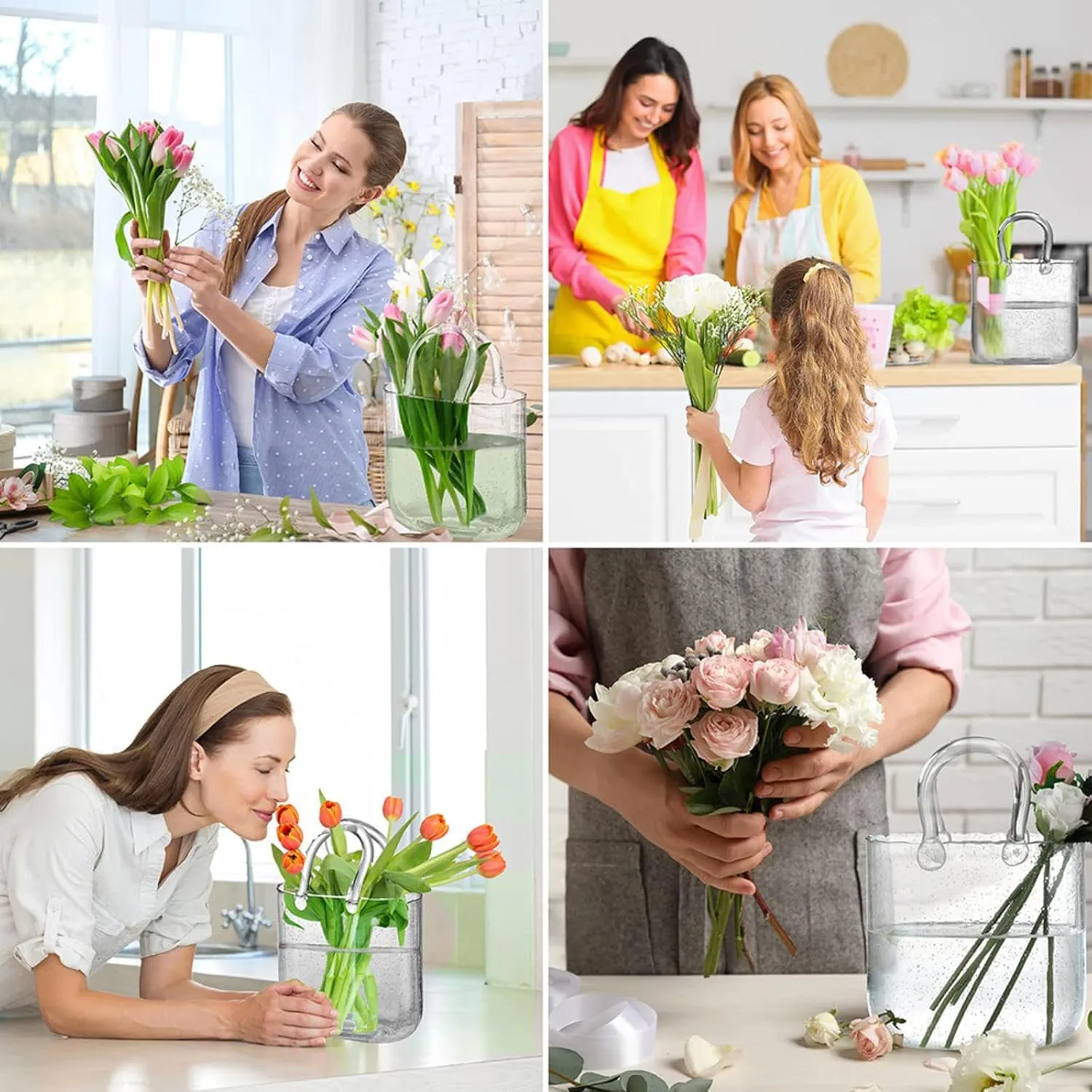 Handbag Vase, Flower Vase with Handle Air Bubbles Glass Flower Vase Bag Vase for Flowers, for Flowers/Home Décor/Office,Style2-Green