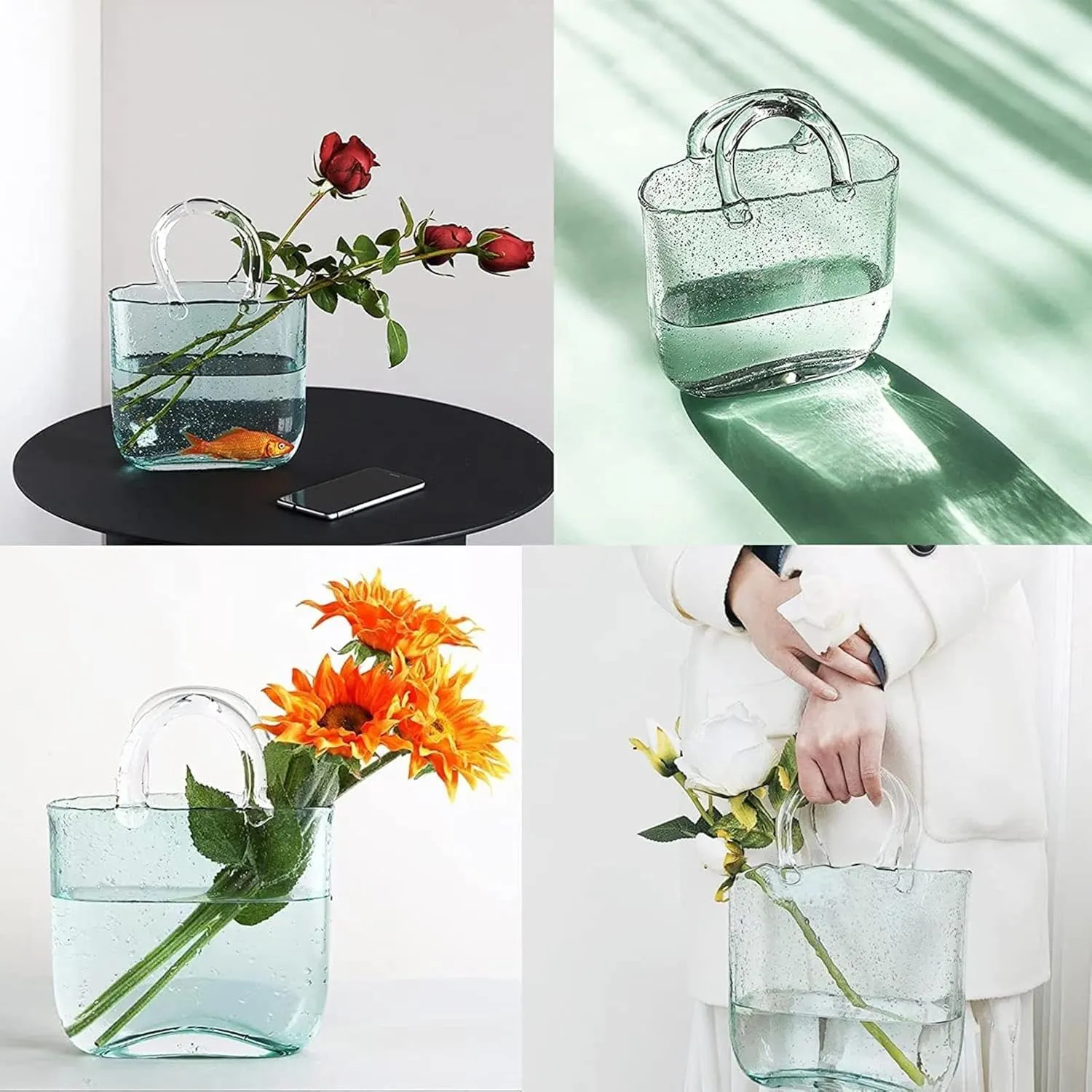 Handbag Vase, Flower Vase with Handle Air Bubbles Glass Flower Vase Bag Vase for Flowers, for Flowers/Home Décor/Office,Style2-Green