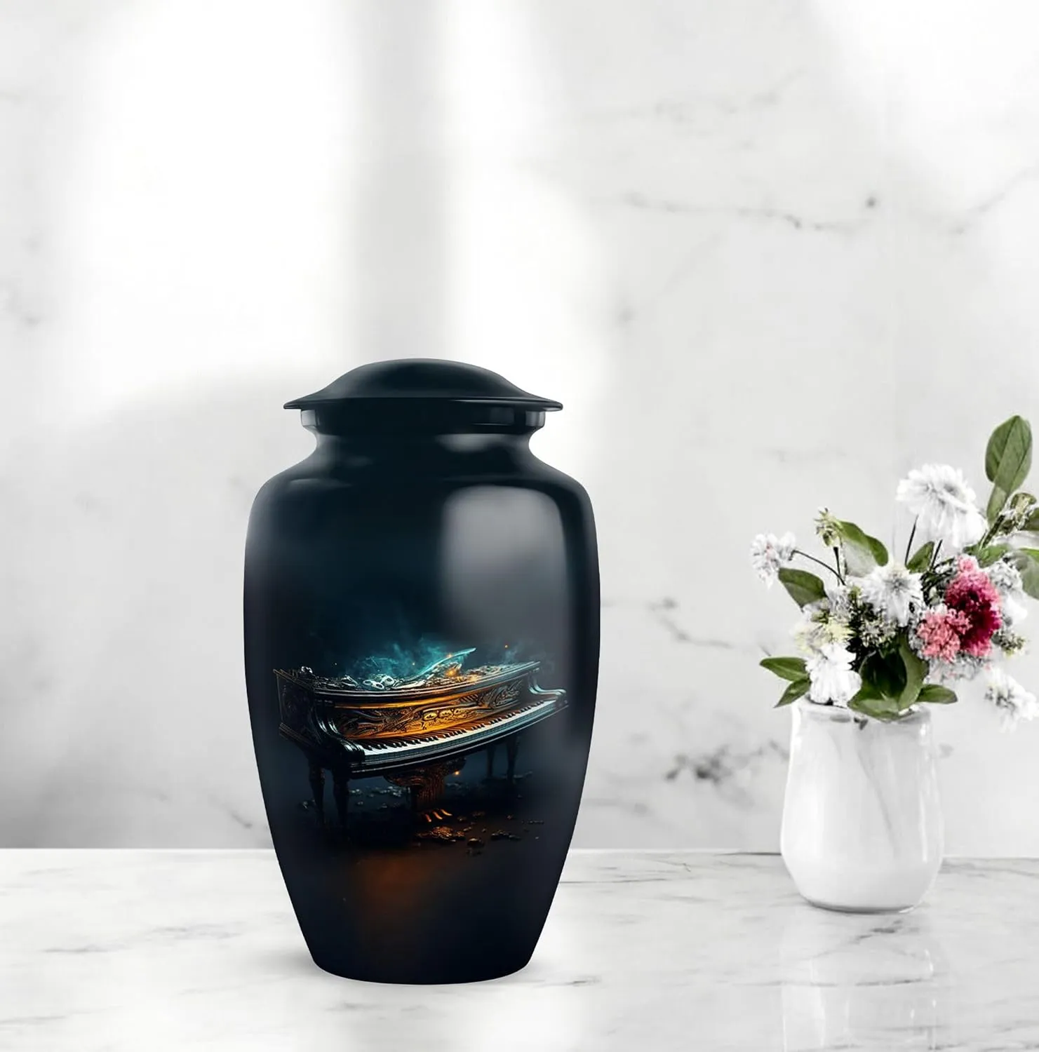Handcrafted Urns for Ashes, Piano Funeral and Memorial Urns for Human Ashes, Large Urn Ash Container with Velvet Bag, 10 Inch