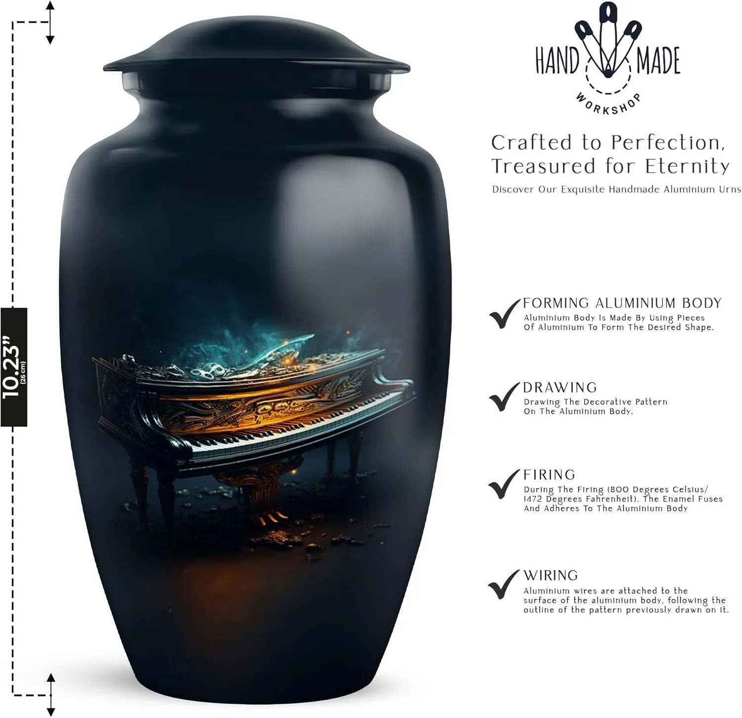 Handcrafted Urns for Ashes, Piano Funeral and Memorial Urns for Human Ashes, Large Urn Ash Container with Velvet Bag, 10 Inch