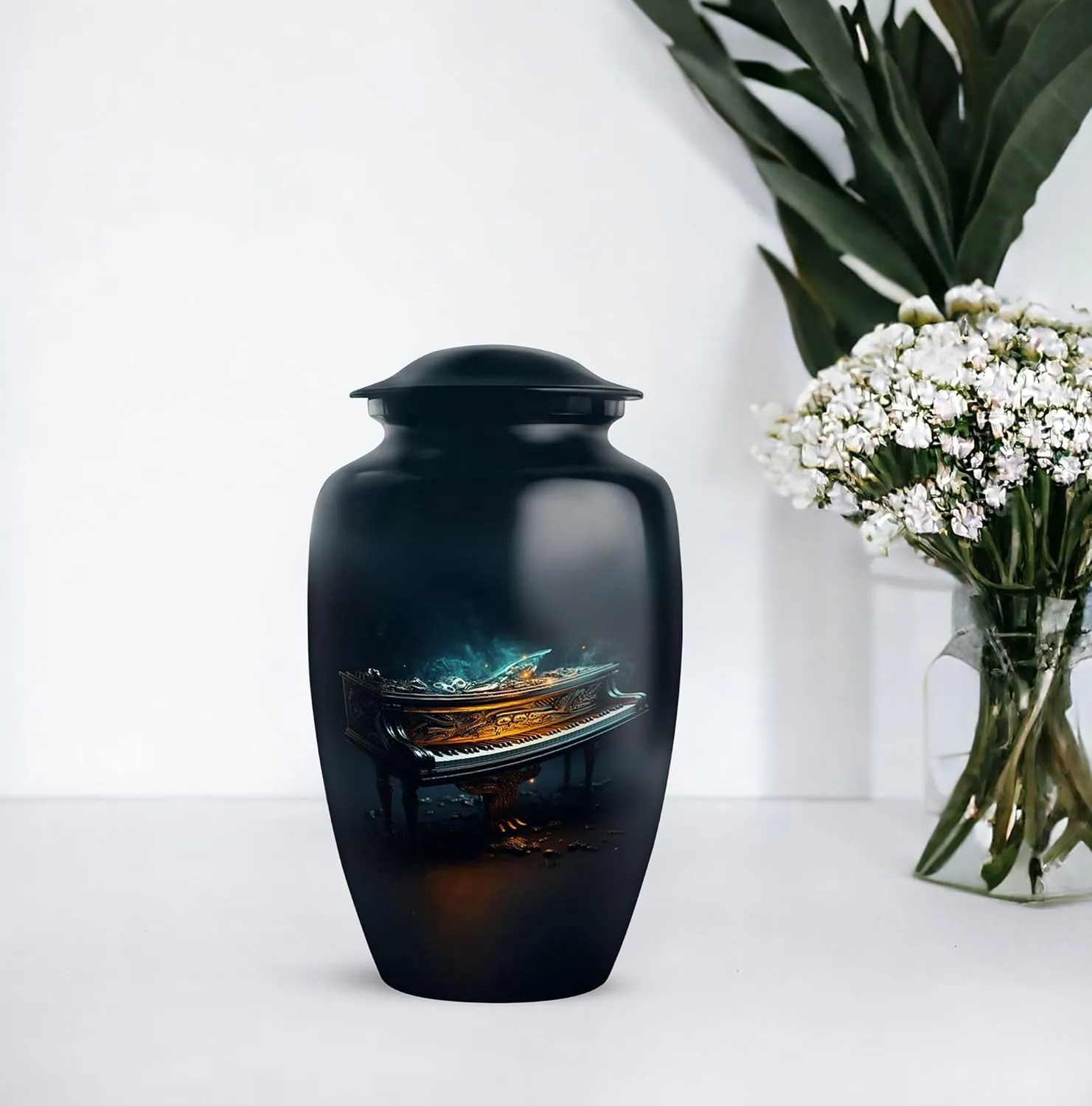 Handcrafted Urns for Ashes, Piano Funeral and Memorial Urns for Human Ashes, Large Urn Ash Container with Velvet Bag, 10 Inch