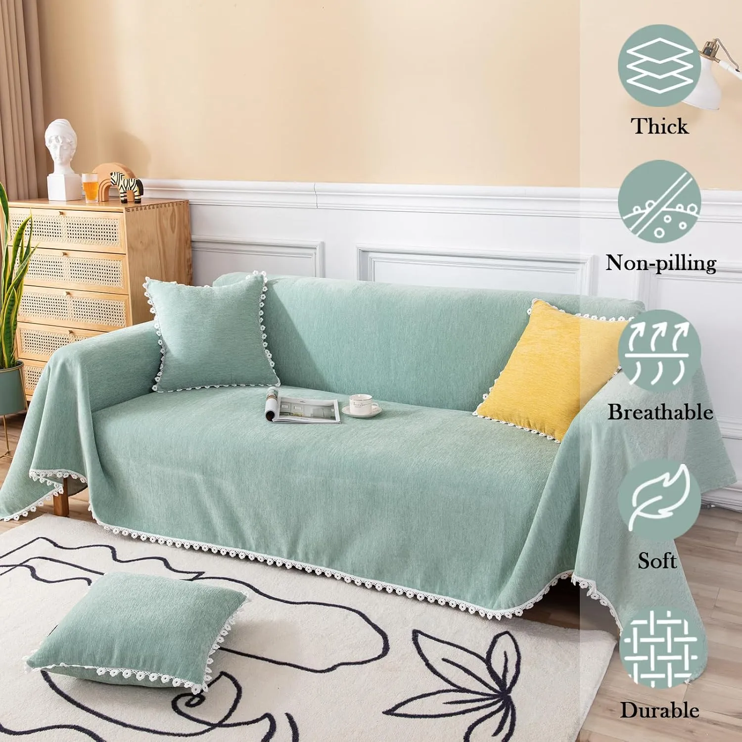 HANDONTIME Couch Cover for Sectional Sofa L Shape Light Green Cute Chenille Pet Couch Cover with Lace, Machine Washable, 71" X150
