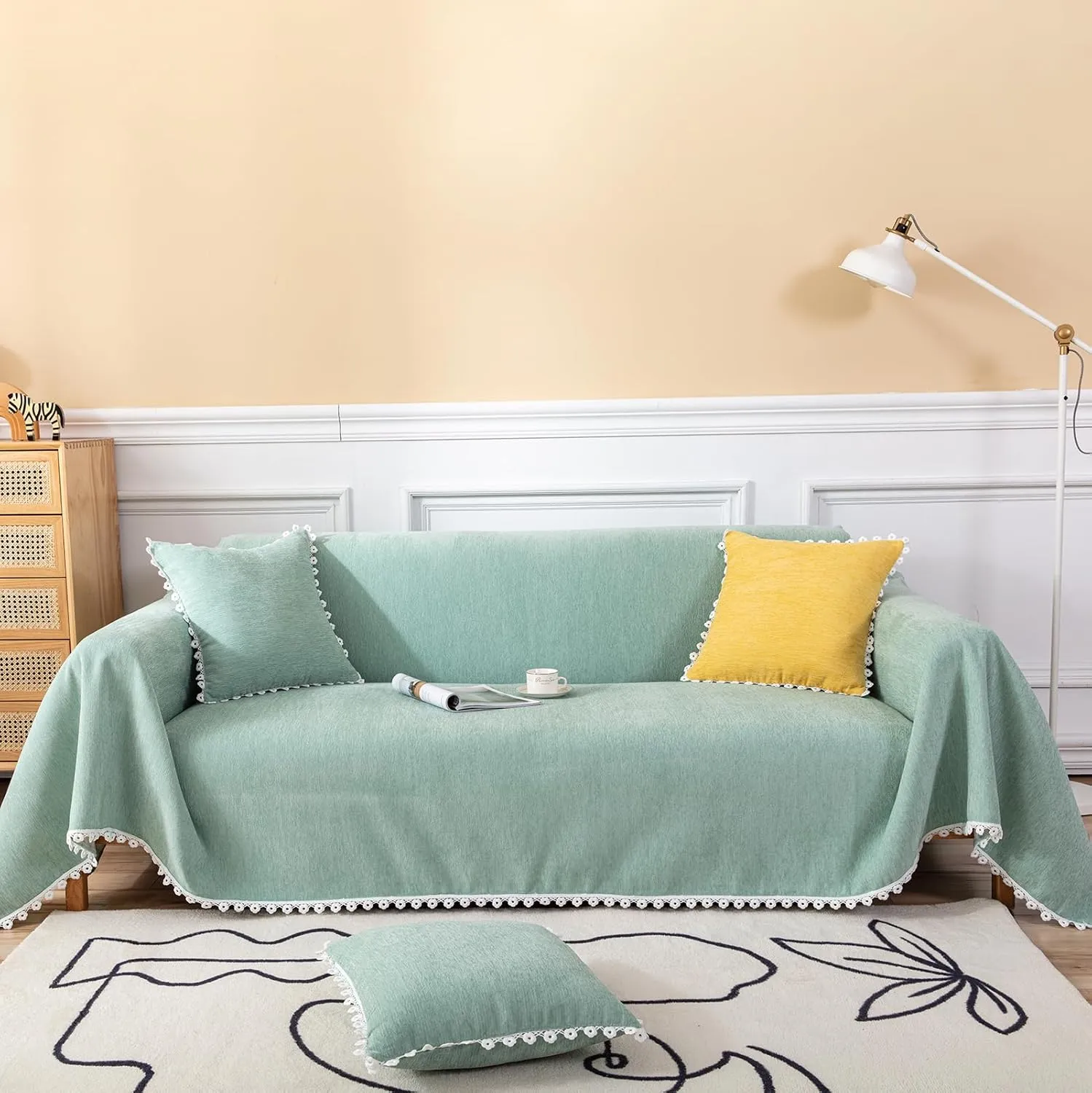 HANDONTIME Couch Cover for Sectional Sofa L Shape Light Green Cute Chenille Pet Couch Cover with Lace, Machine Washable, 71" X150