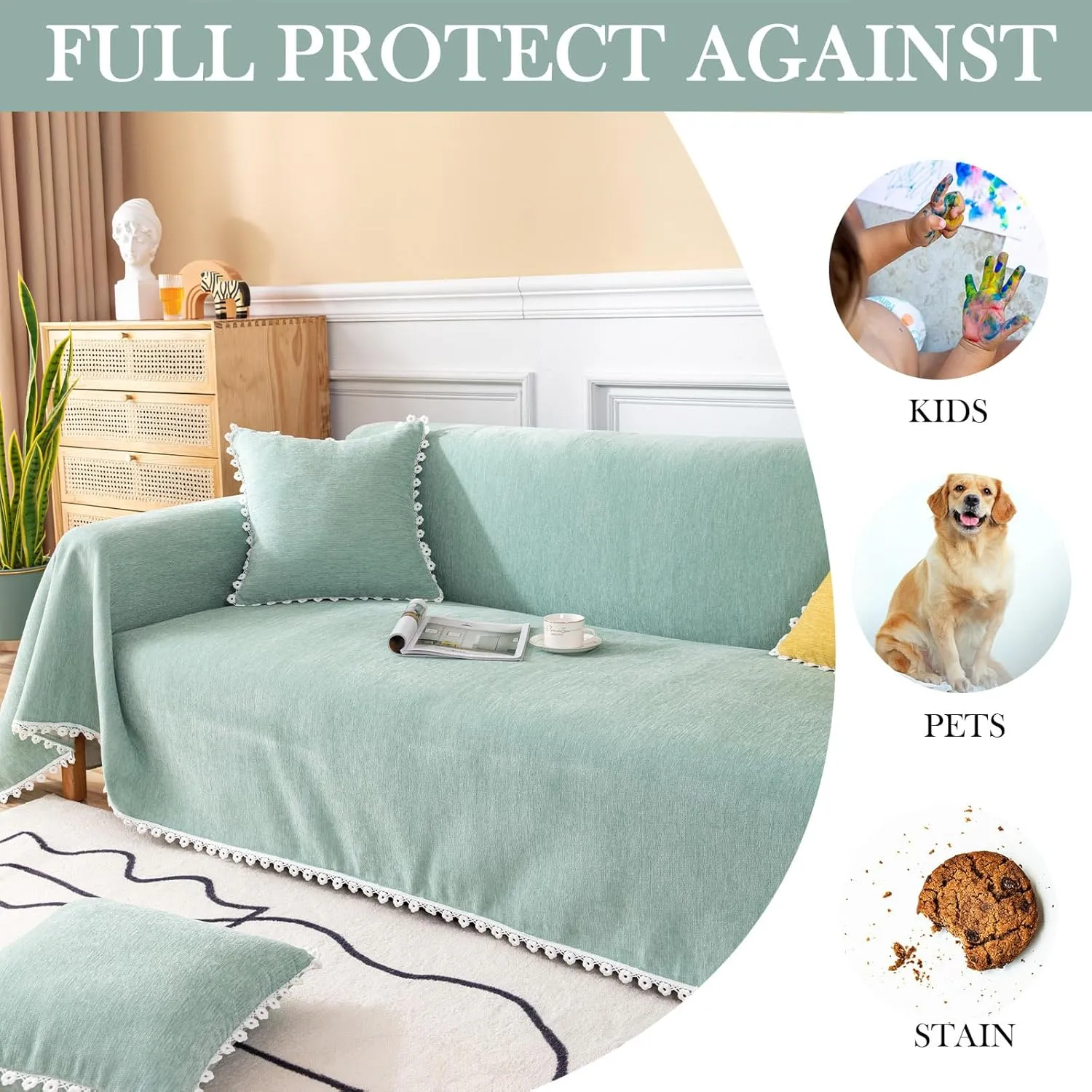 HANDONTIME Couch Cover for Sectional Sofa L Shape Light Green Cute Chenille Pet Couch Cover with Lace, Machine Washable, 71" X150