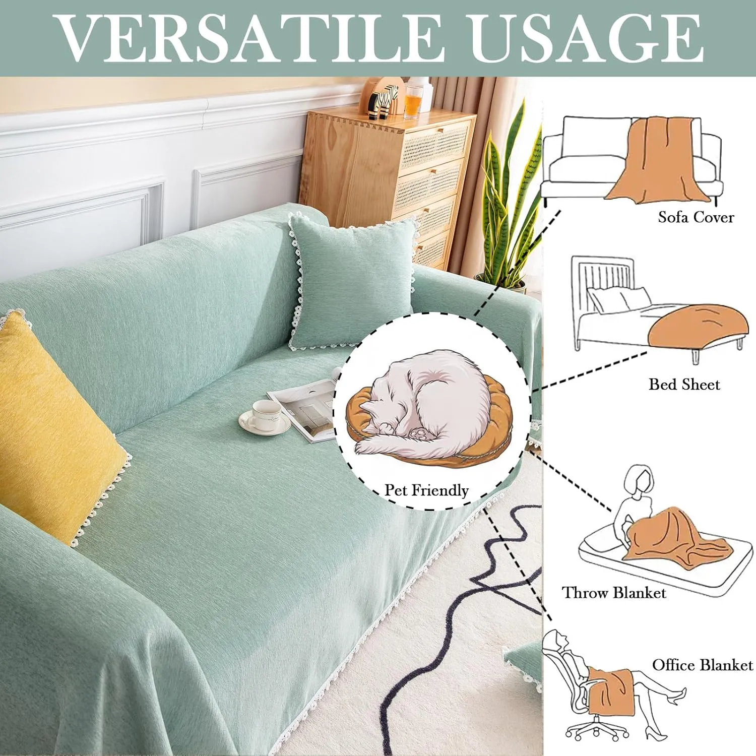 HANDONTIME Couch Cover for Sectional Sofa L Shape Light Green Cute Chenille Pet Couch Cover with Lace, Machine Washable, 71" X150